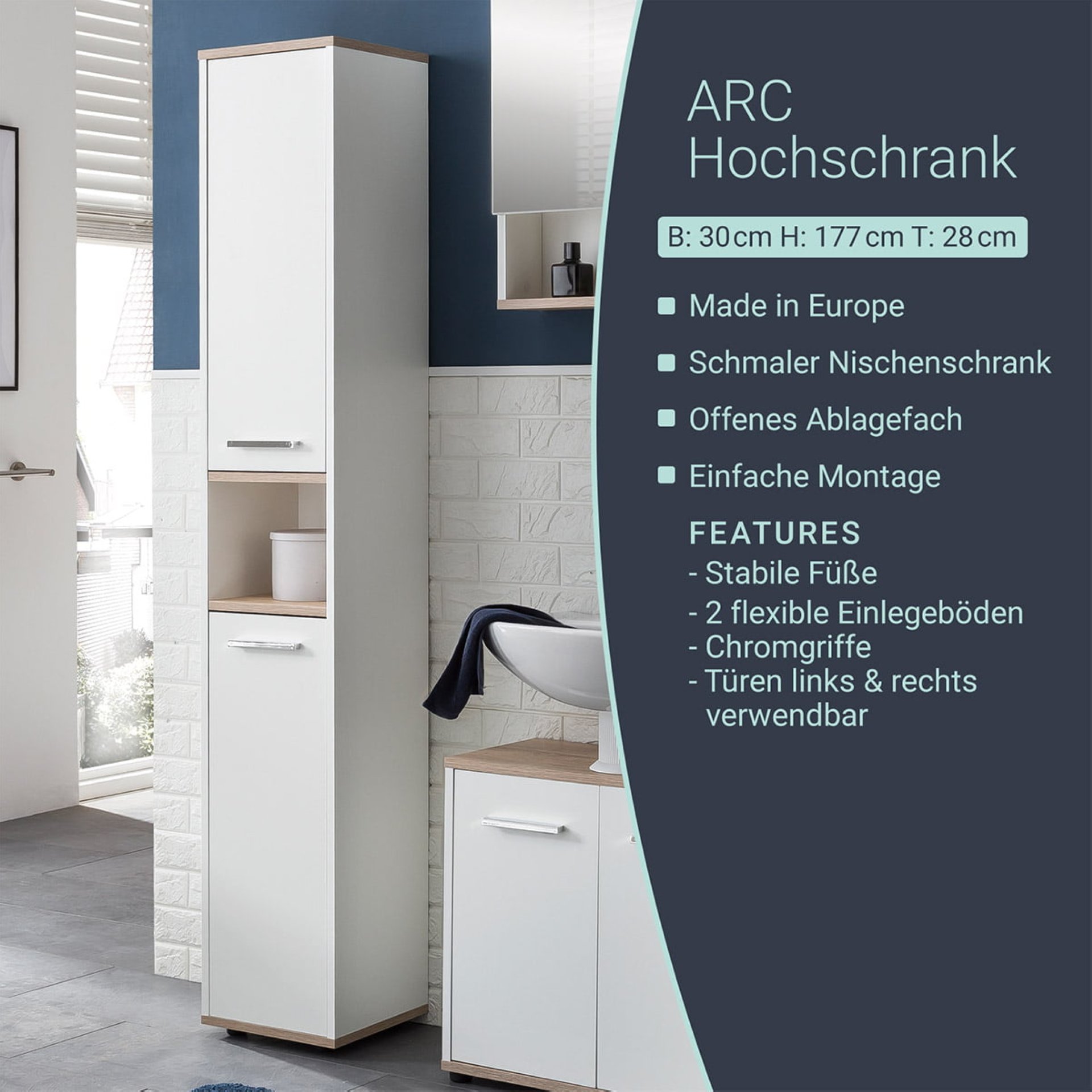 BadeDu ARC Hochschrank 30 cm, Weiß/Braun hell