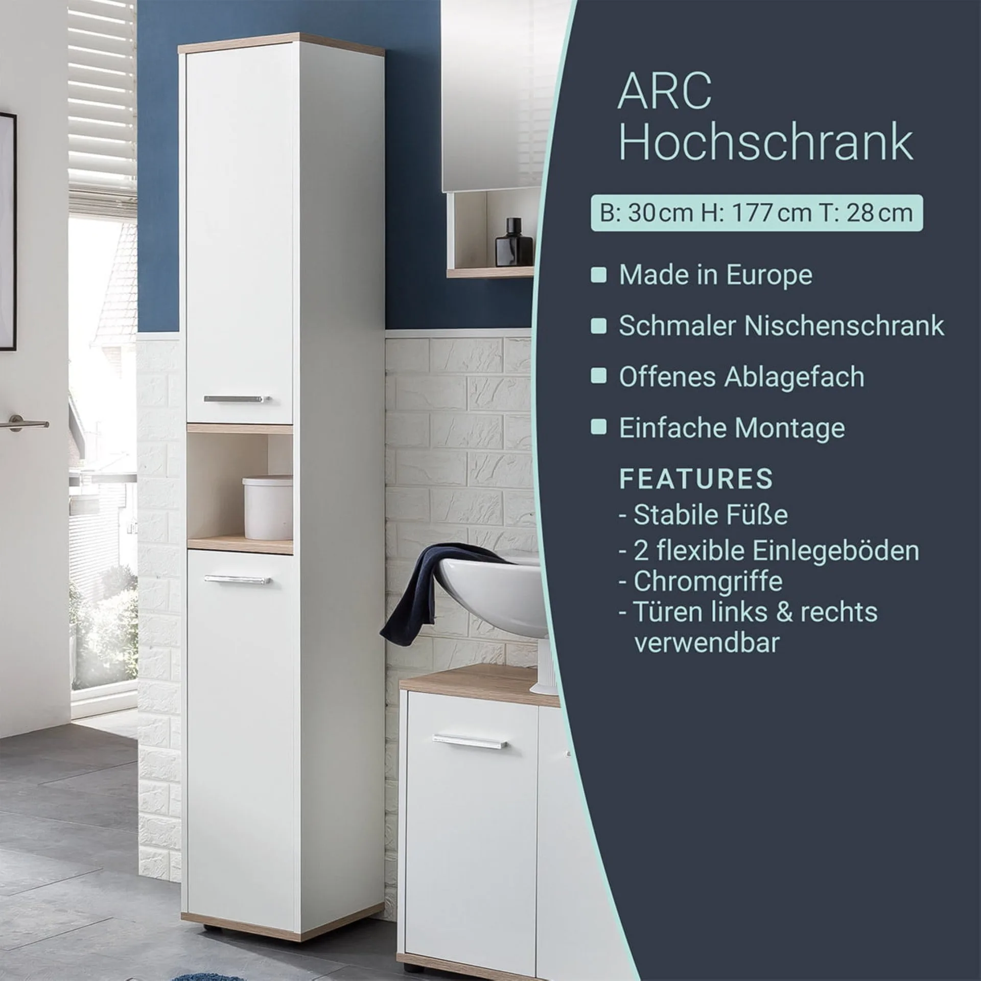 BADEDU ARC Hochschrank 30 cm breit, Weiß/Braun hell