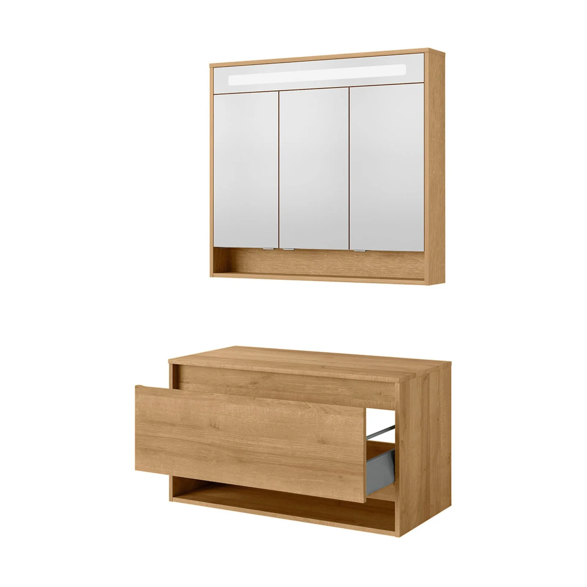 FACKELMANN NATURA Waschbeckenunterschrank mit Spiegelschrank 94 cm breit, Braun hell, LED Spiegelschrank