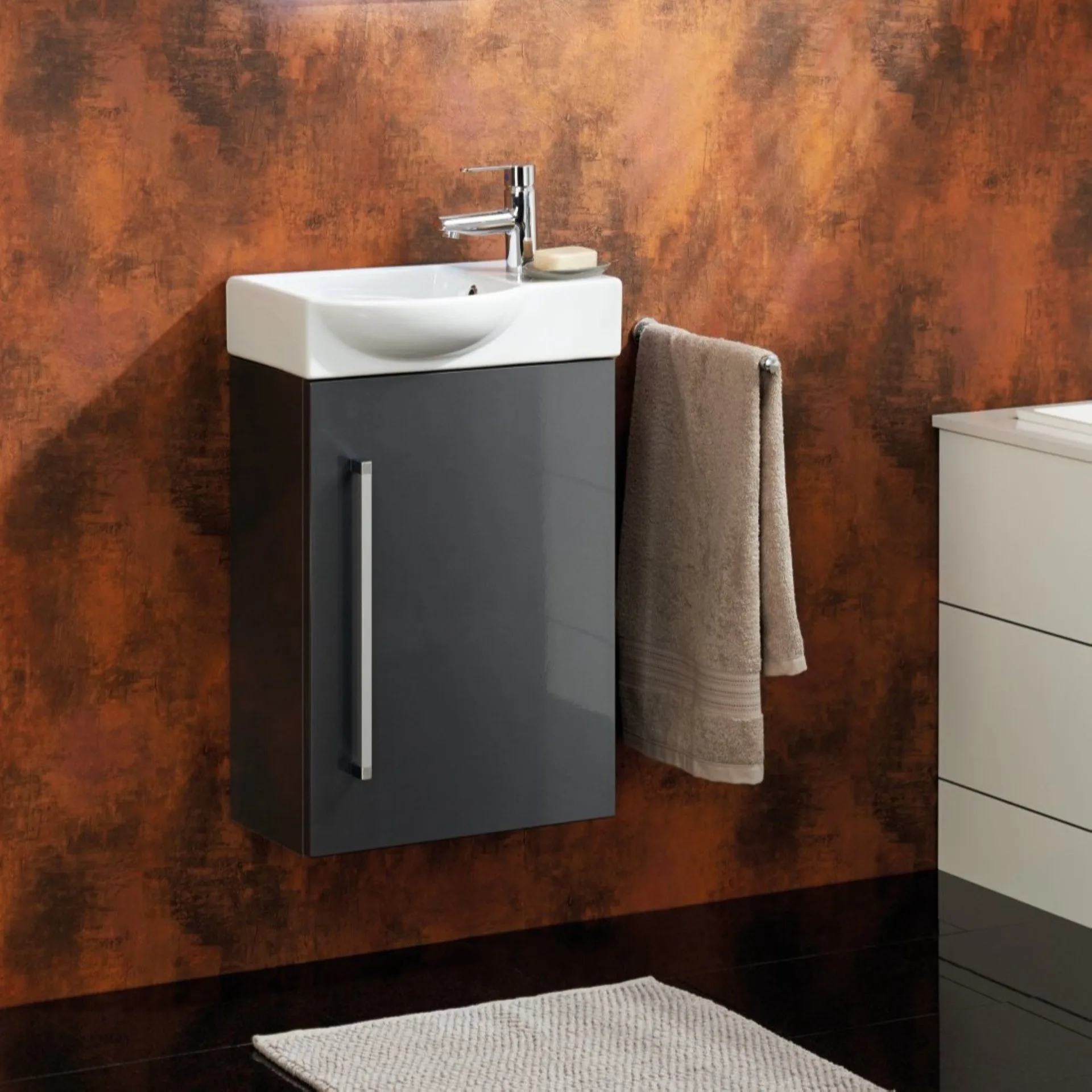 LANZET K3 Waschbeckenunterschrank Gäste WC 44 cm breit, Anthrazit, Türanschlag rechts