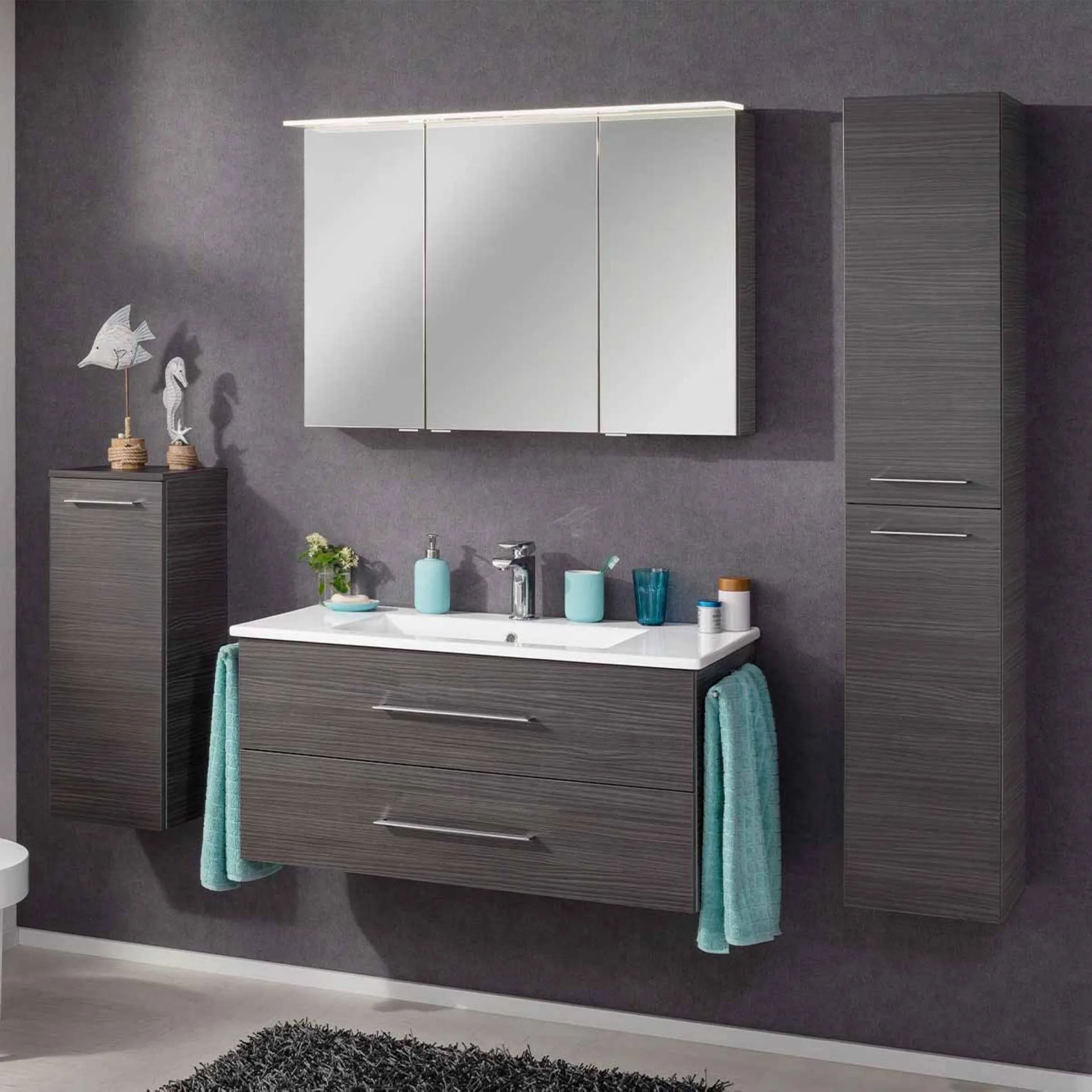 FACKELMANN B.PERFEKT Waschtisch Set mit Spiegelschrank 103 cm breit, Anthrazit, Waschbecken Keramik Weiß