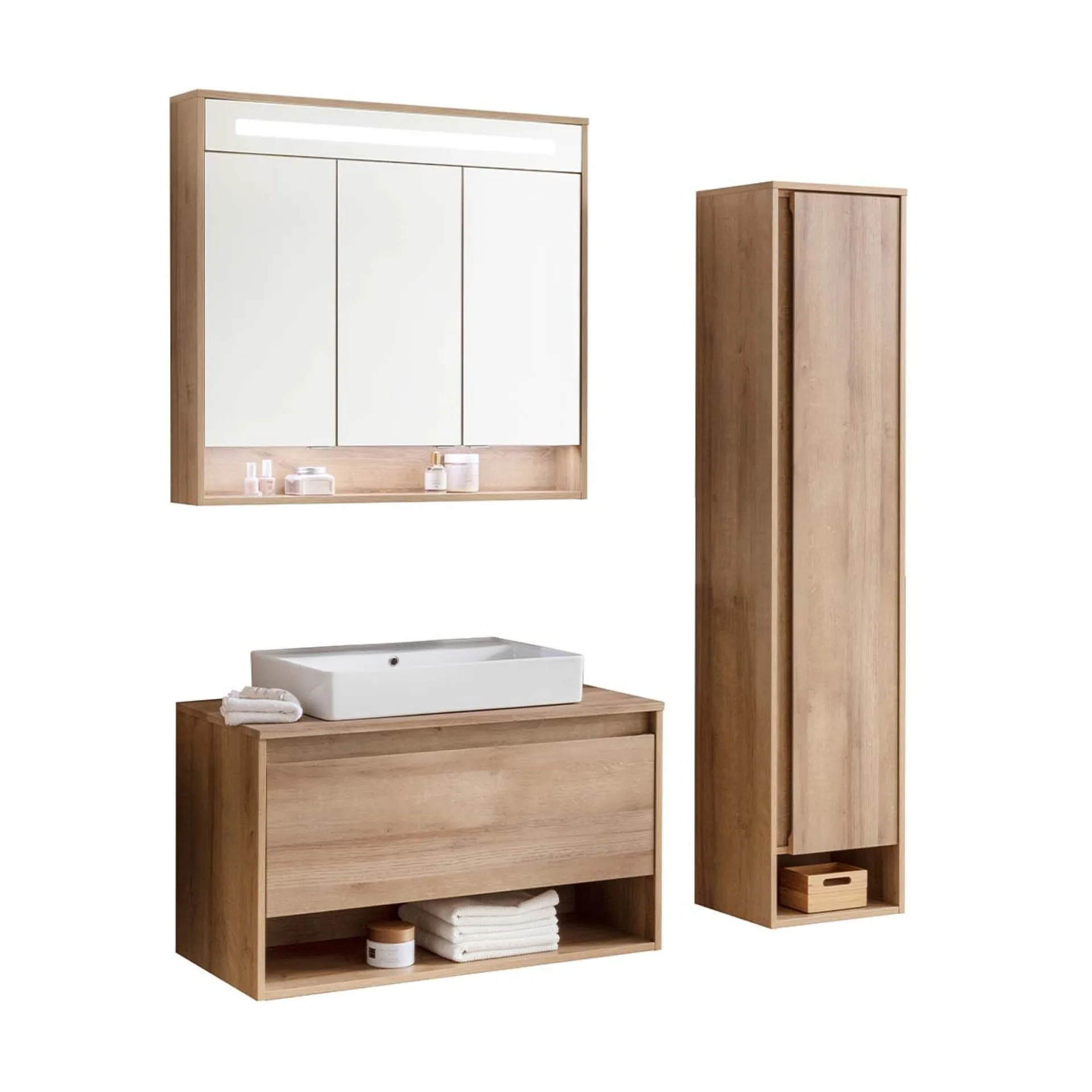 FACKELMANN NATURA Badmöbel Set 4-teilig 94 cm breit, Braun hell, Aufsatzwaschbecken Keramik Weiß + LED Spiegelschrank + Hochschrank Türanschlag rechts