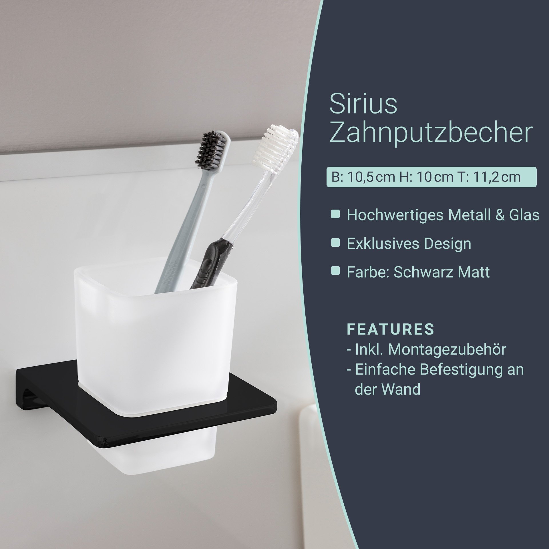 BadeDu SIRIUS Glas mit Halter Schwarz matt