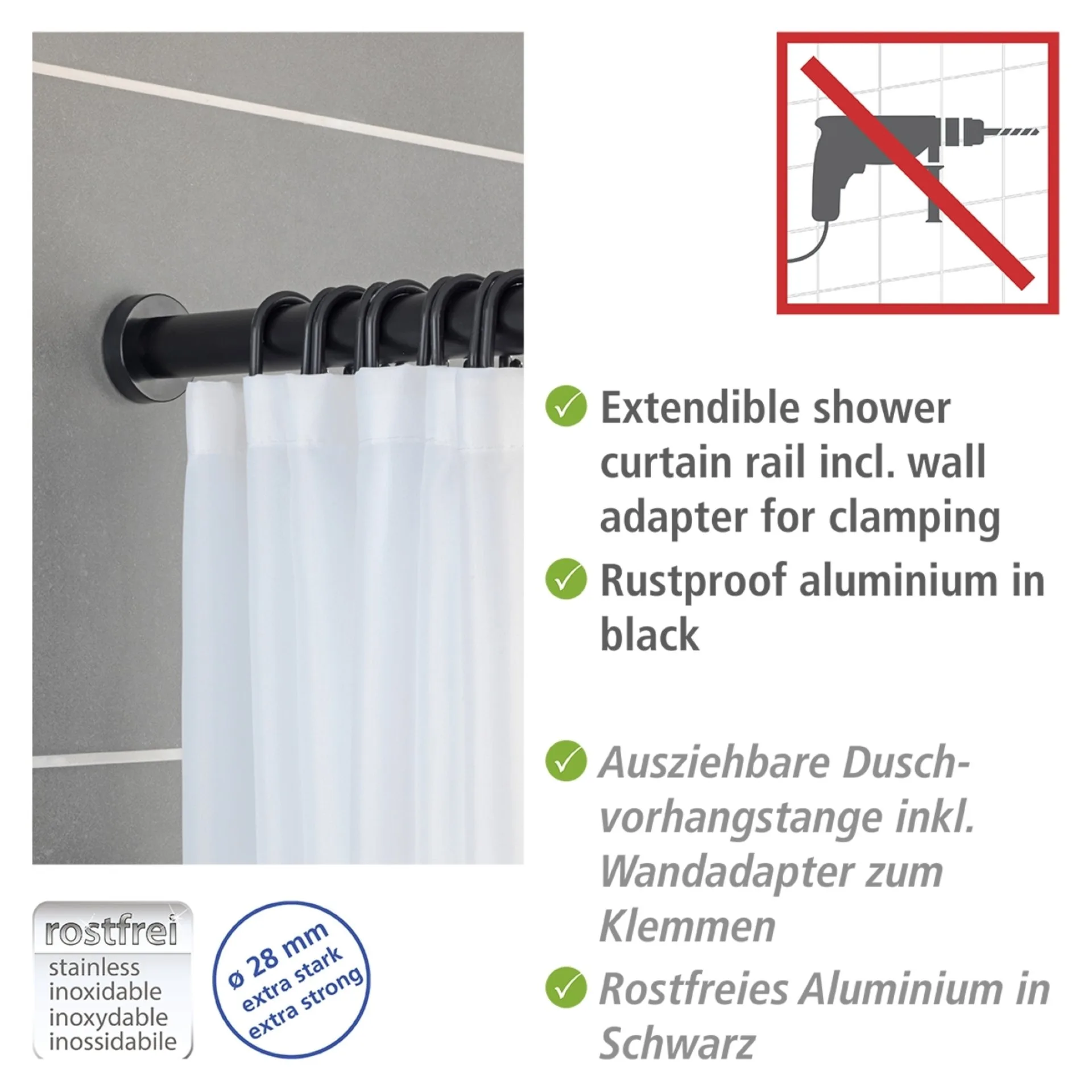 WENKO LUZ Teleskop Duschstange 70-115 cm, Schwarz, Aluminium rostfrei