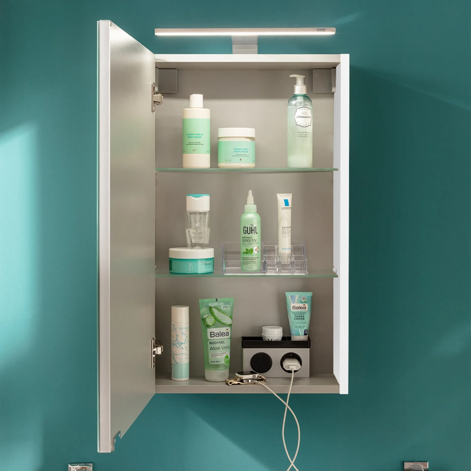 FACKELMANN SBC SCENO Gäste WC Spiegelschrank 40 cm breit, Weiß, Türanschlag links + Aufsatzleuchte