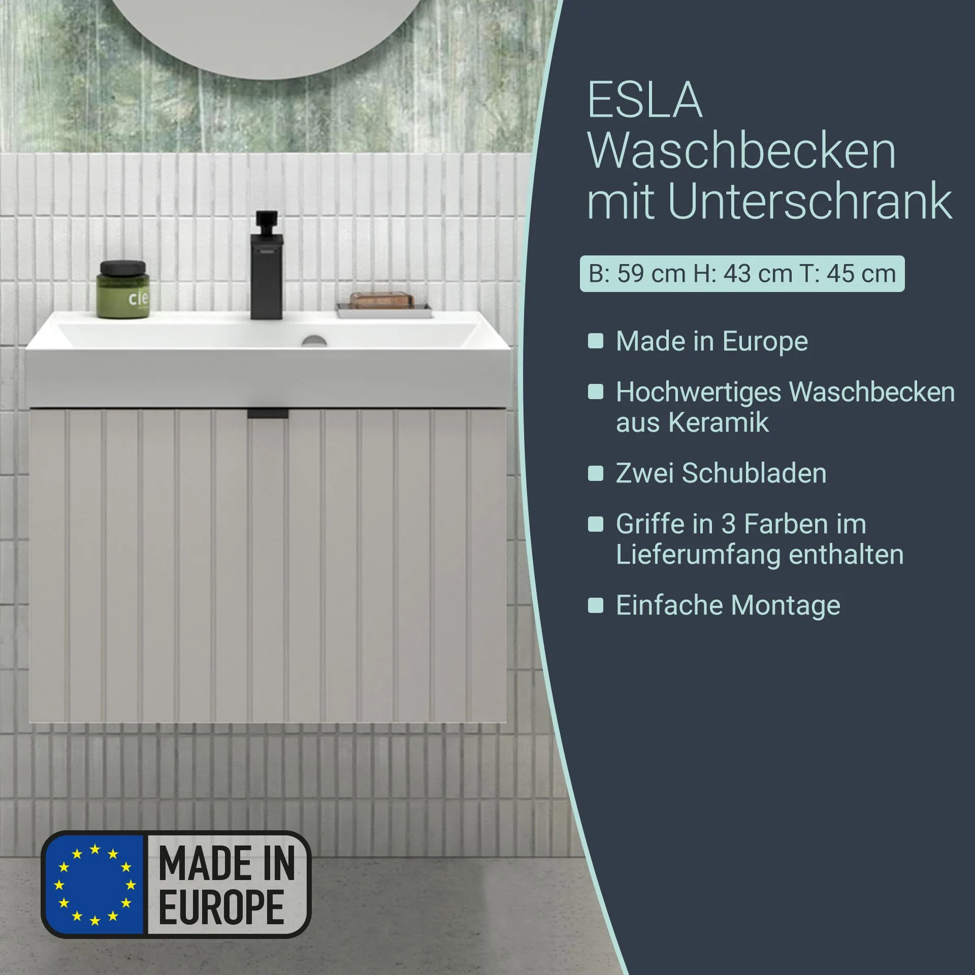 BADEDU ESLA Waschbecken mit Unterschrank 59 cm breit, Grau, Waschbecken Gussmarmor Weiß