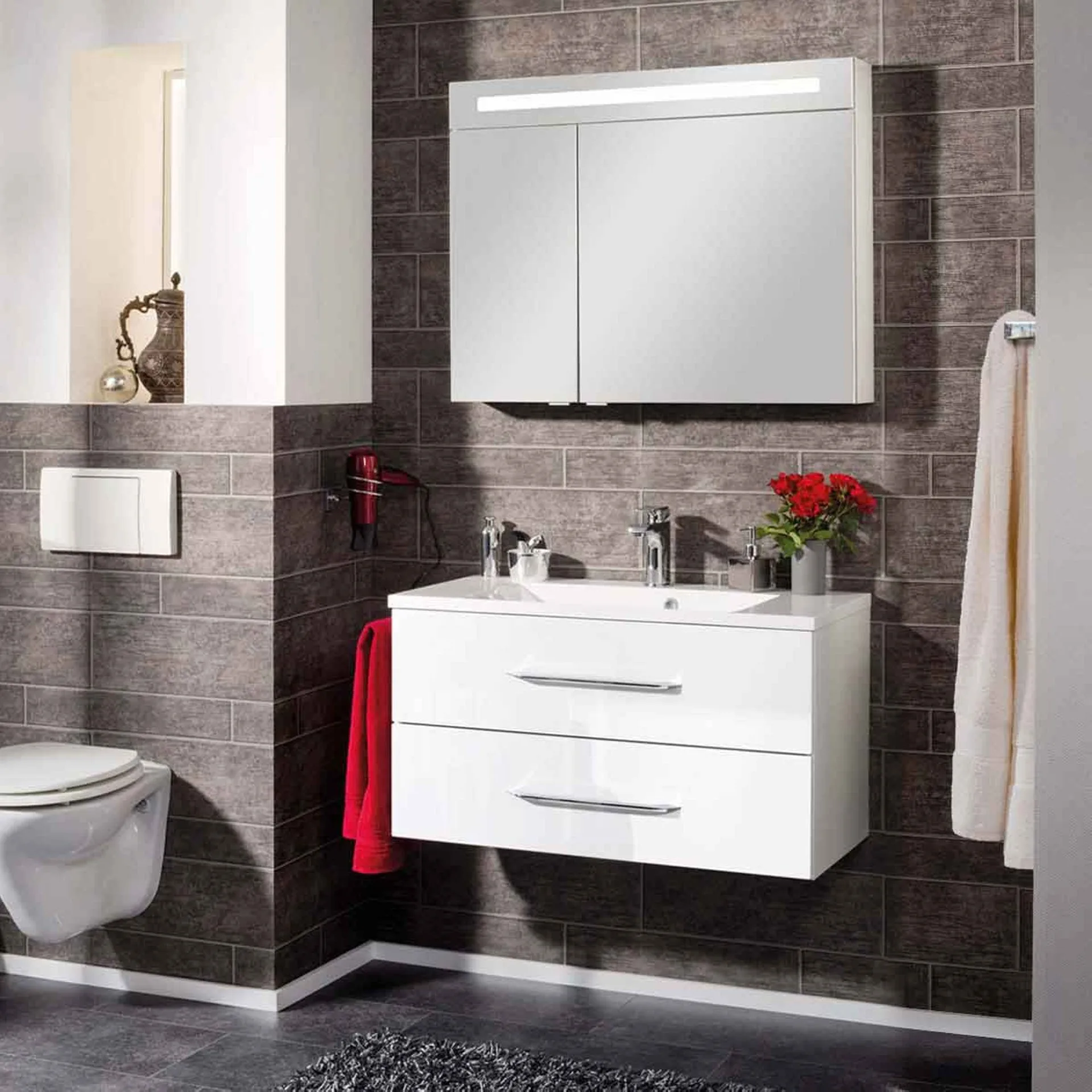 FACKELMANN B.CLEVER Waschtisch Set mit Spiegelschrank 90 cm breit, Weiß, Waschbecken Gussmarmor Weiß