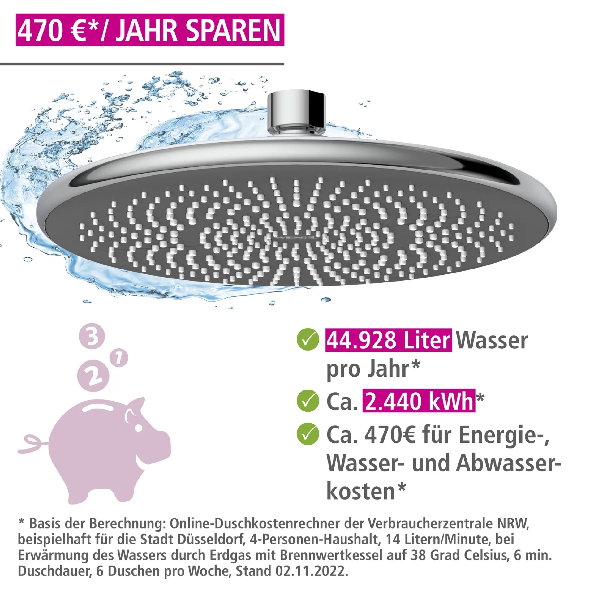 WENKO Duschkopf Regendusche Ø 22,5 cm, Chrom, mit Wassersparsystem, 3 verschiedene Wasserstrahlarten