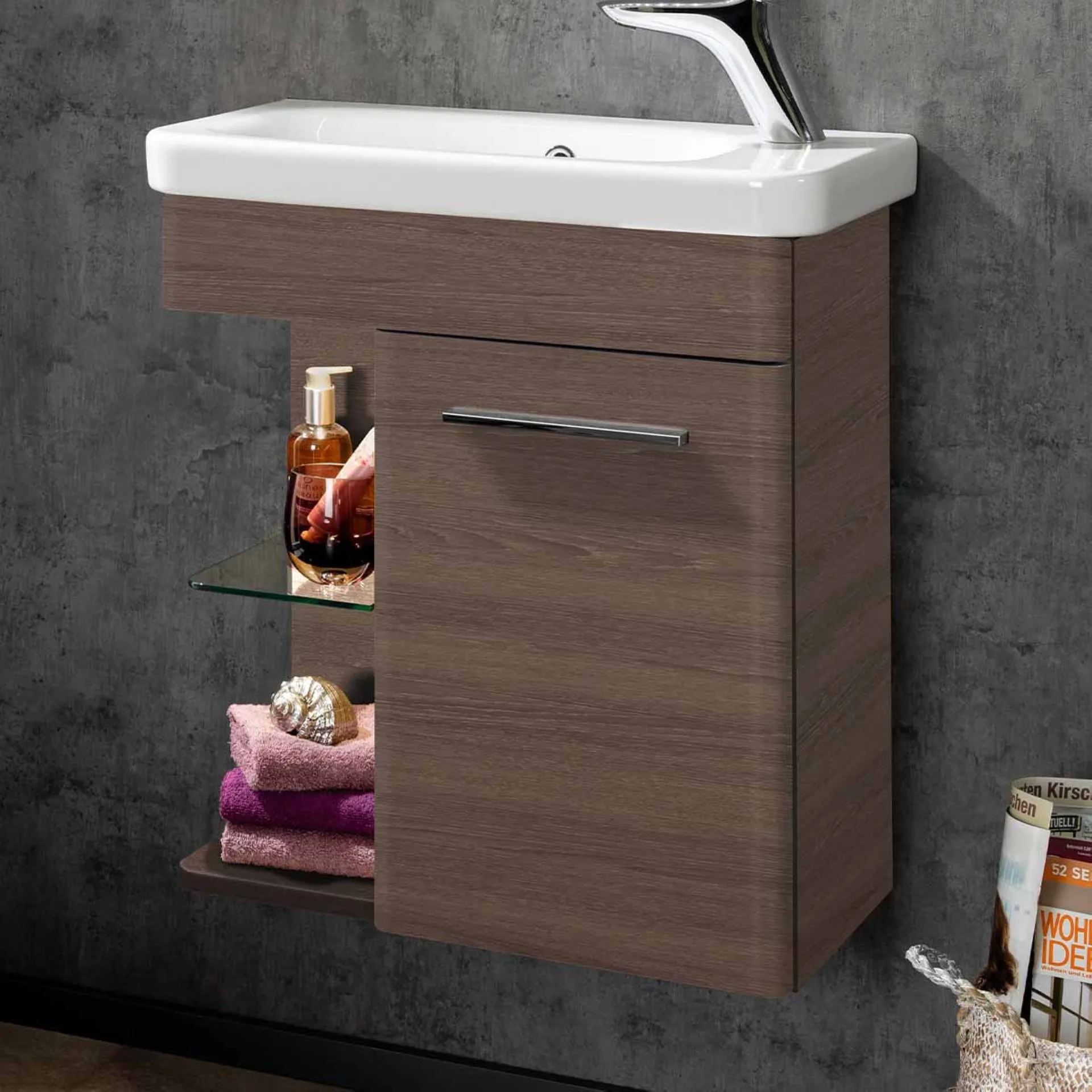 LANZET K8 Gäste WC Waschtisch Set 60 cm breit, Braun dunkel, Waschbecken Keramik Weiß, Türanschlag rechts