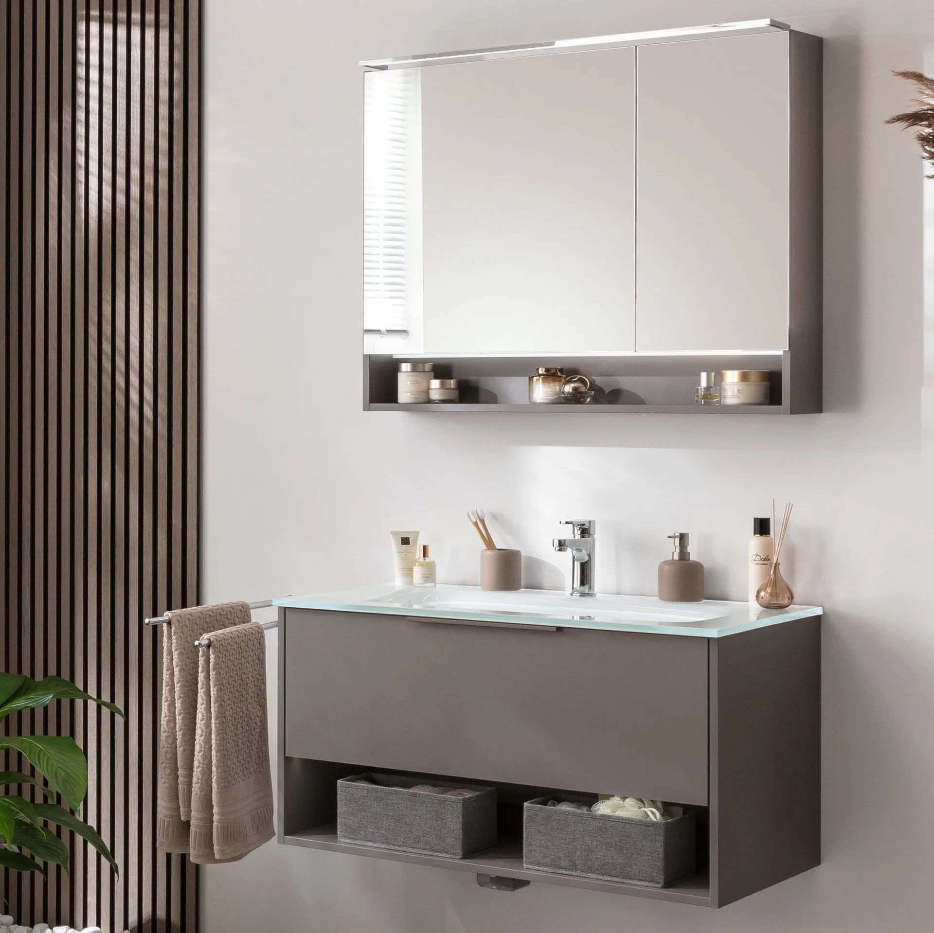 FACKELMANN B.PARIS Waschtisch Set mit Spiegelschrank 90 cm breit, Grau, Waschbecken Glas Weiß