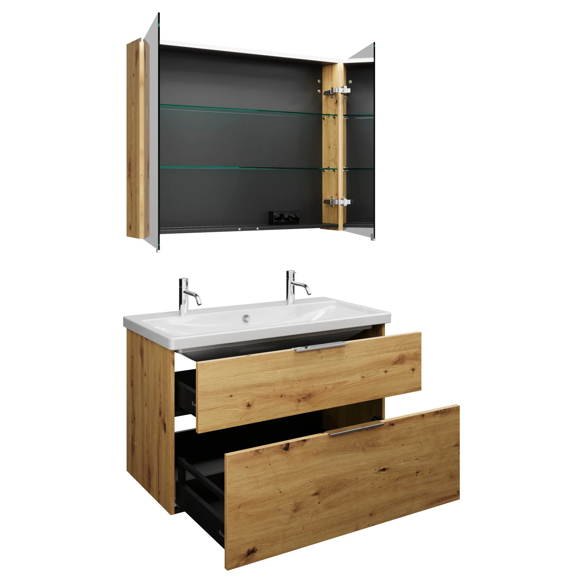 Burgbad EQIO Waschtisch Set mit Spiegelschrank 103 cm breit, Braun, Doppelwaschbecken Keramik Weiß