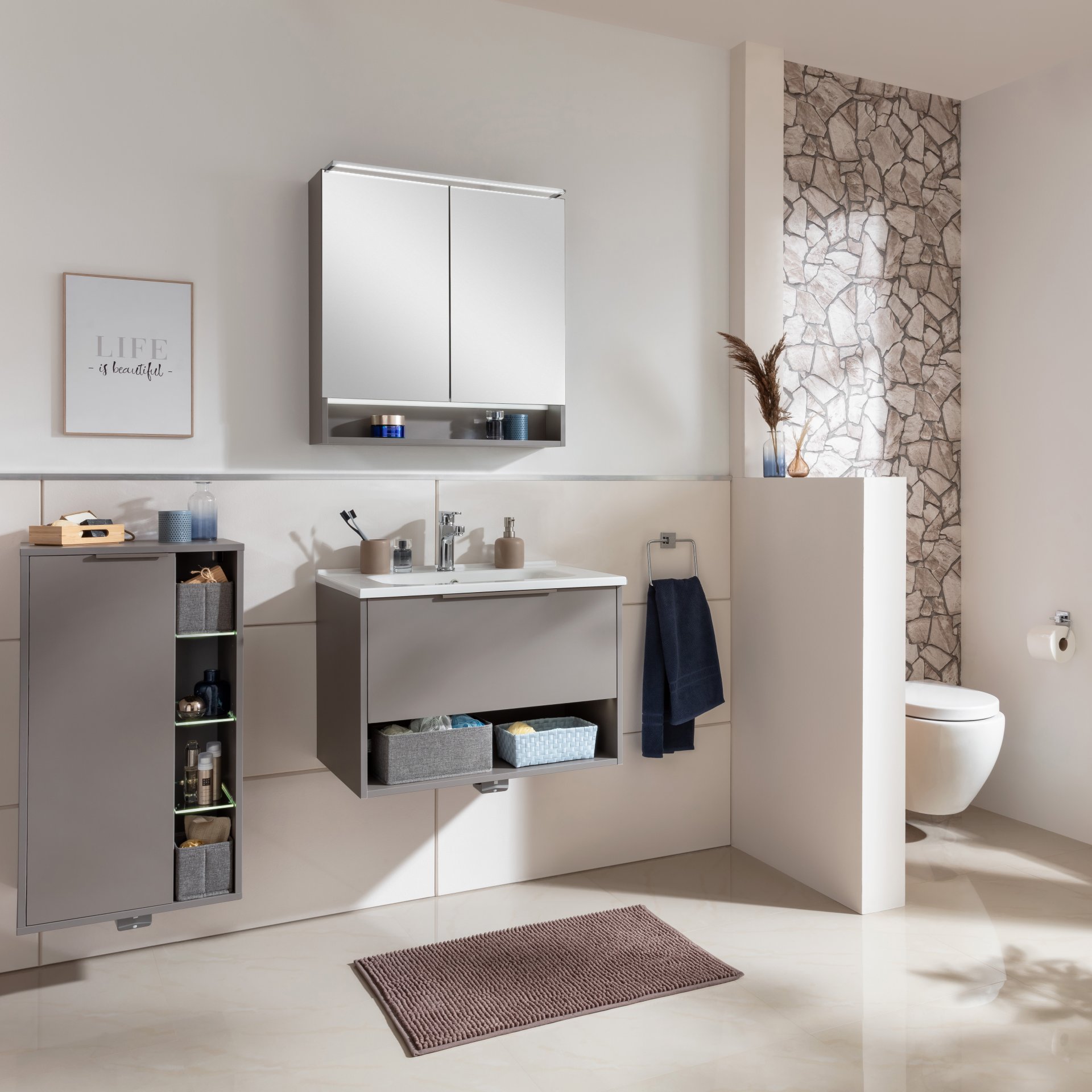 FACKELMANN B.PARIS Waschtisch Set mit Spiegelschrank 70 cm breit, Grau, Waschbecken Gussmarmor Weiß