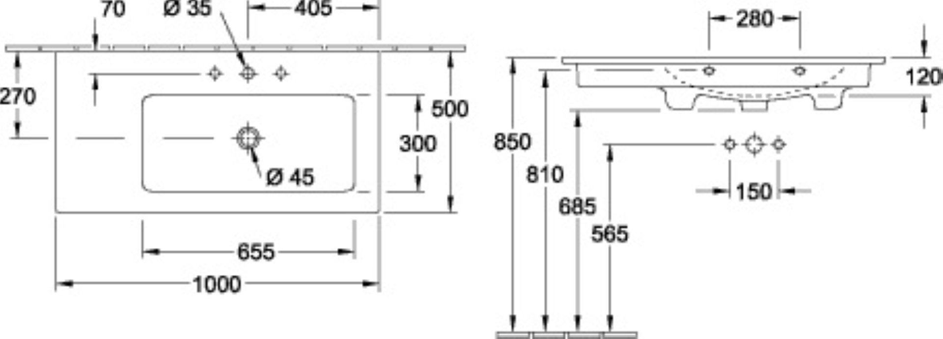 VILLEROY & BOCH VENTICELLO Waschbecken Keramik 100 cm breit, Weiß, Becken rechts, mit Überlauf, CeramicPlus