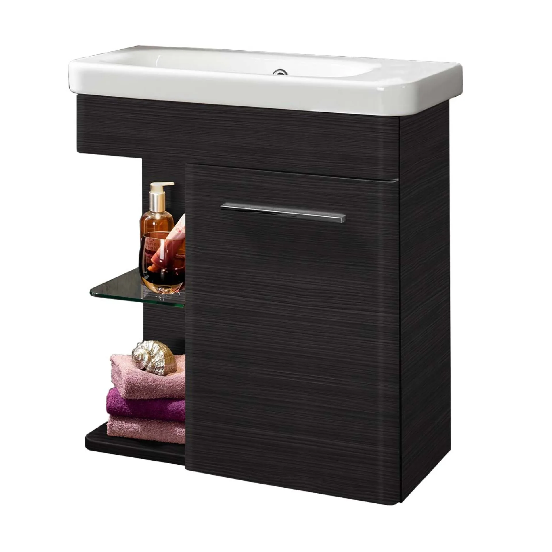 LANZET K8 Gäste WC Waschtisch Set 60 cm breit, Anthrazit Holzoptik, Waschbecken Keramik Weiß, Türanschlag rechts