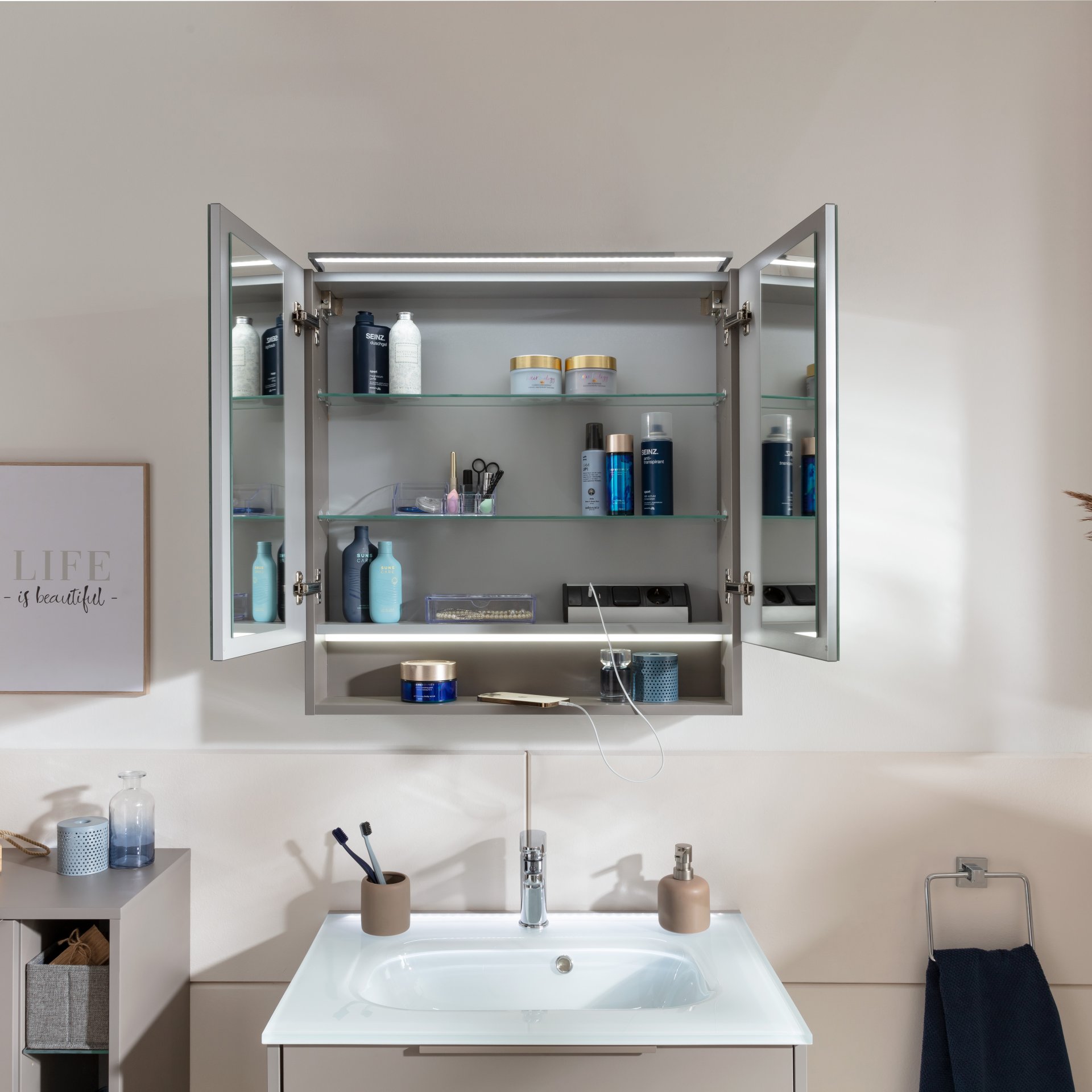 FACKELMANN B.PARIS Waschtisch Set mit Spiegelschrank 70 cm breit, Grau, Waschbecken Gussmarmor Weiß