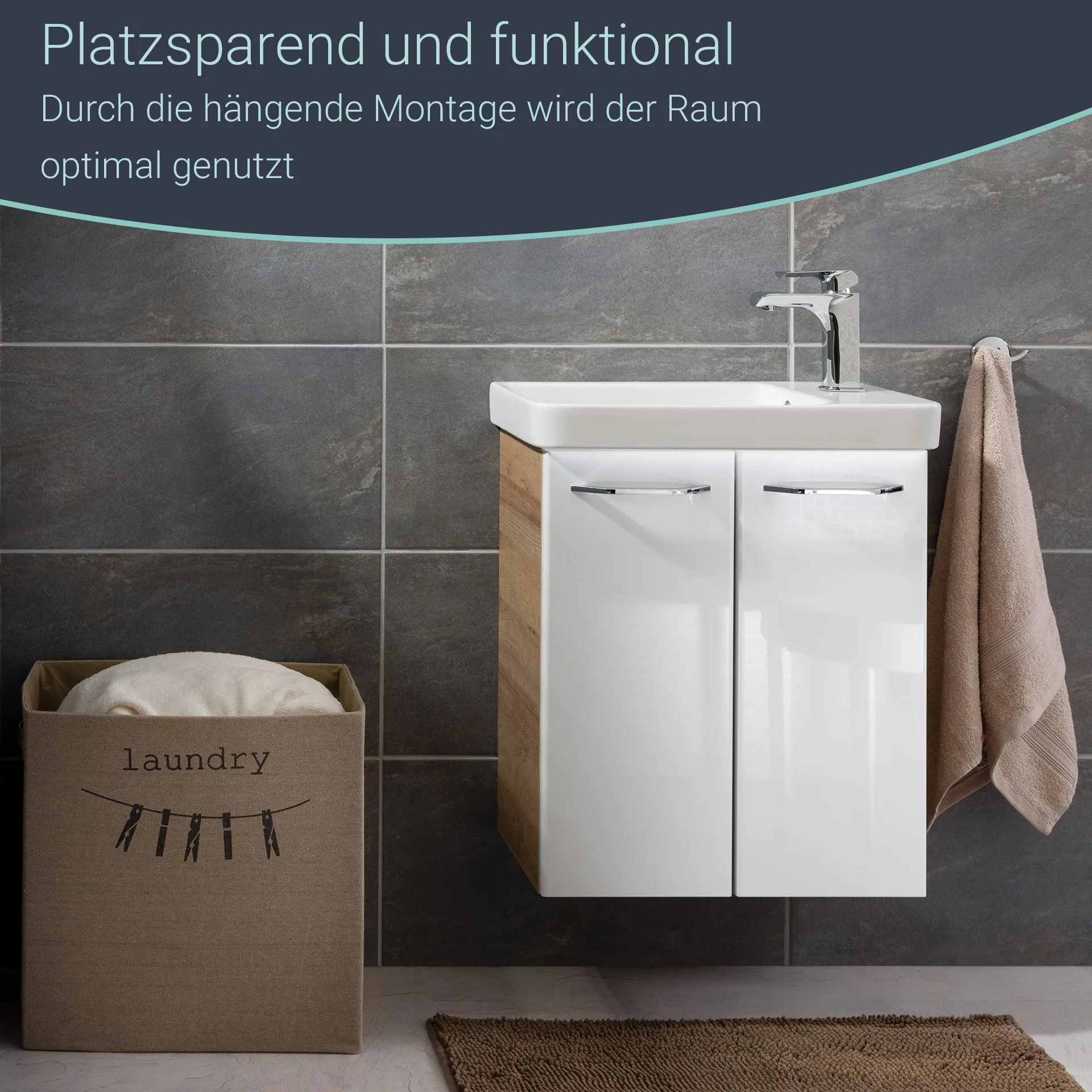 FACKELMANN MILANO Waschbeckenunterschrank Gäste WC 52 cm breit, Weiß/Braun hell
