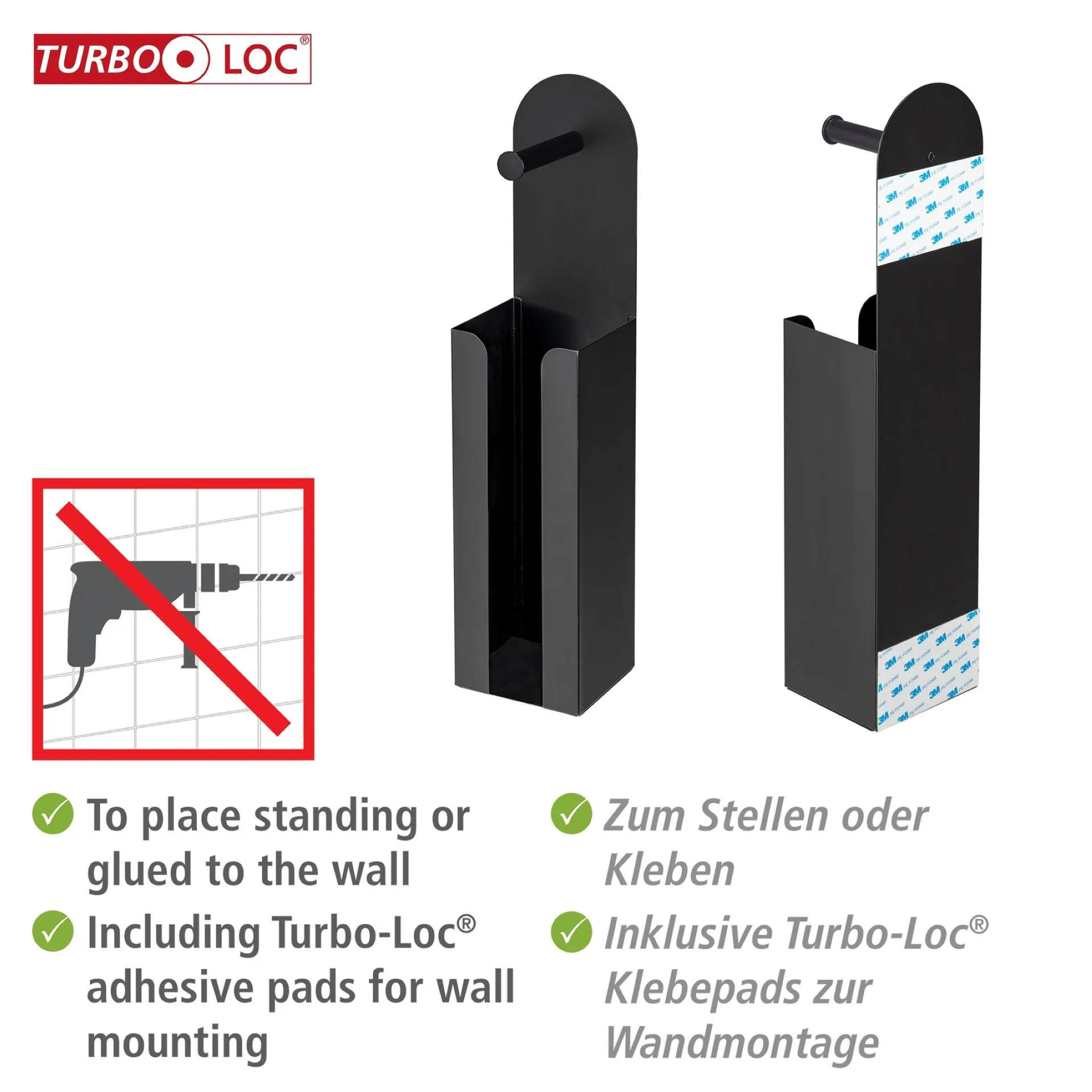 WENKO AGIRA Toilettenpapierhalter, Schwarz, mit Bevorrater