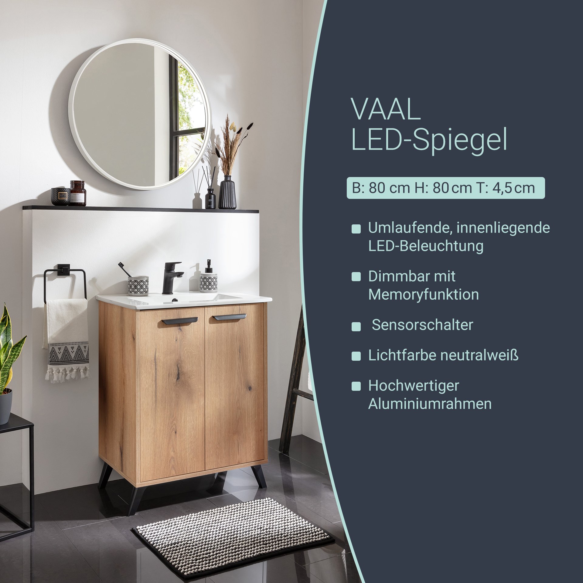 BADEDU VAAL LED Spiegel Ø 80 cm, rund, Weiß, Sensor