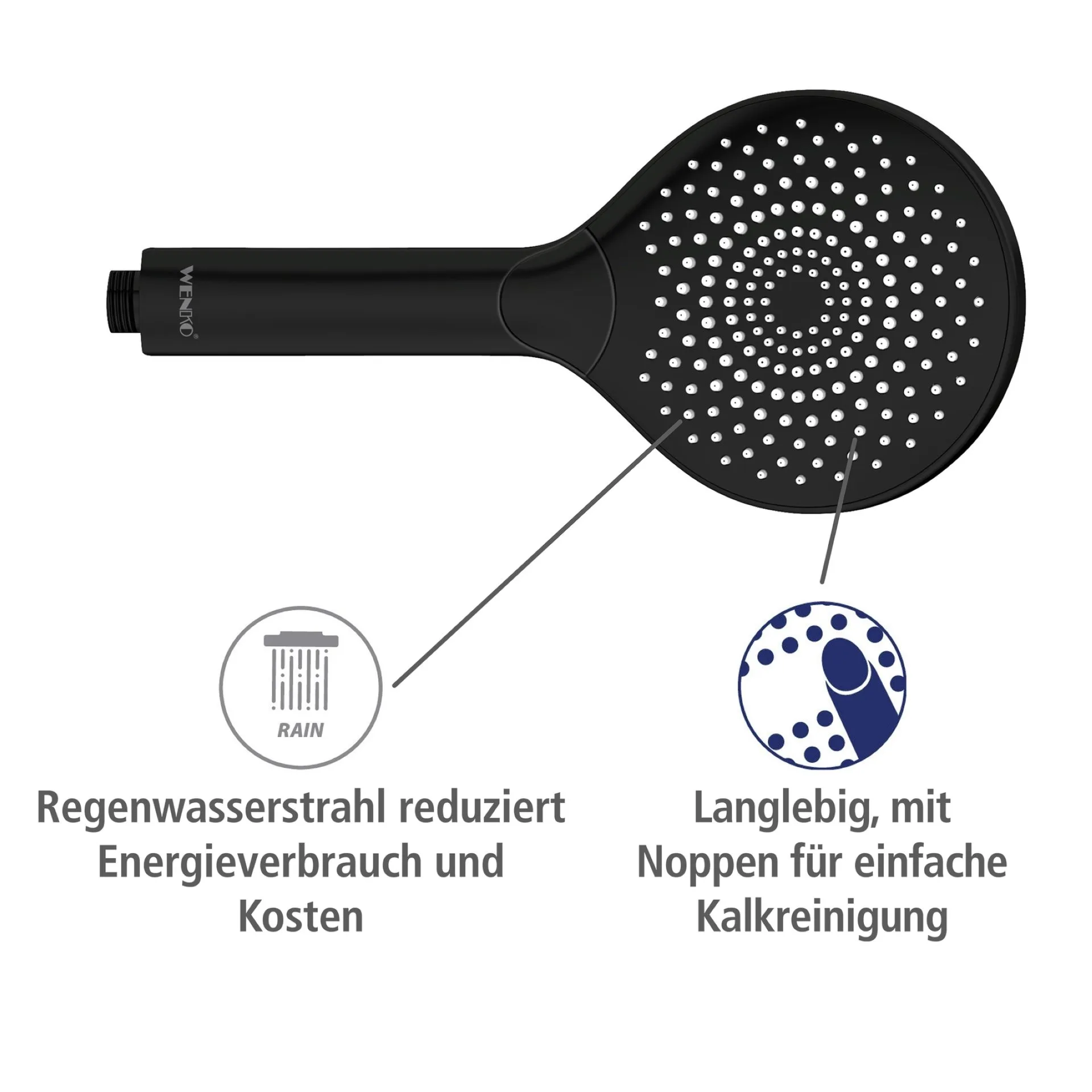 WENKO Duschkopf Ø 12 cm, Schwarz, mit Wassersparsystem, 3 verschiedene Wasserstrahlarten