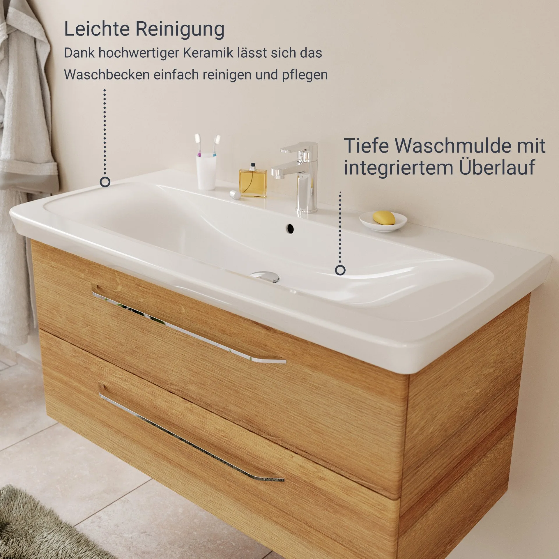 FACKELMANN MILANO Waschbecken 107 cm breit, Weiß, Keramik