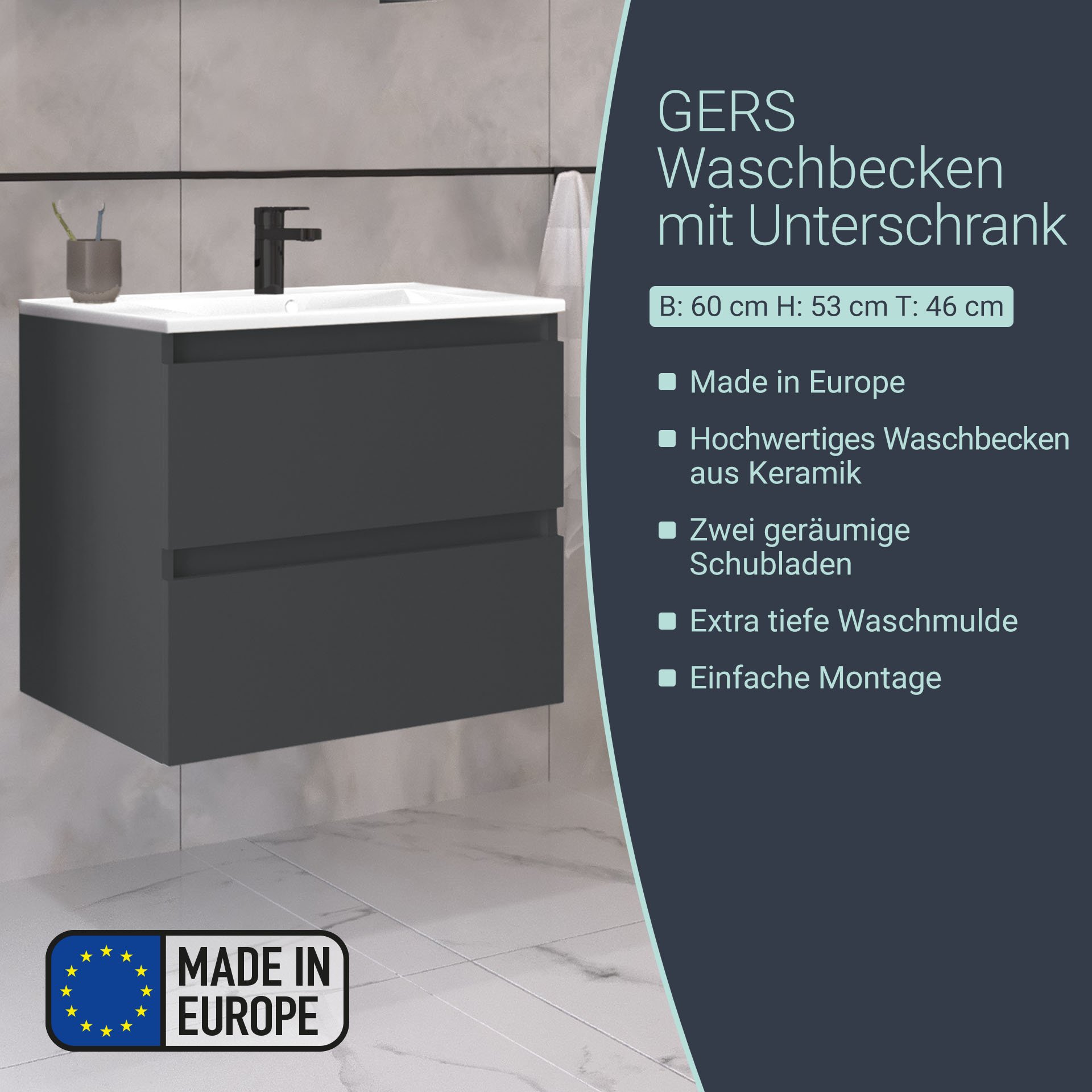 BADEDU GERS Waschbecken mit Unterschrank 60 cm breit, Grau, Waschbecken Keramik Weiß