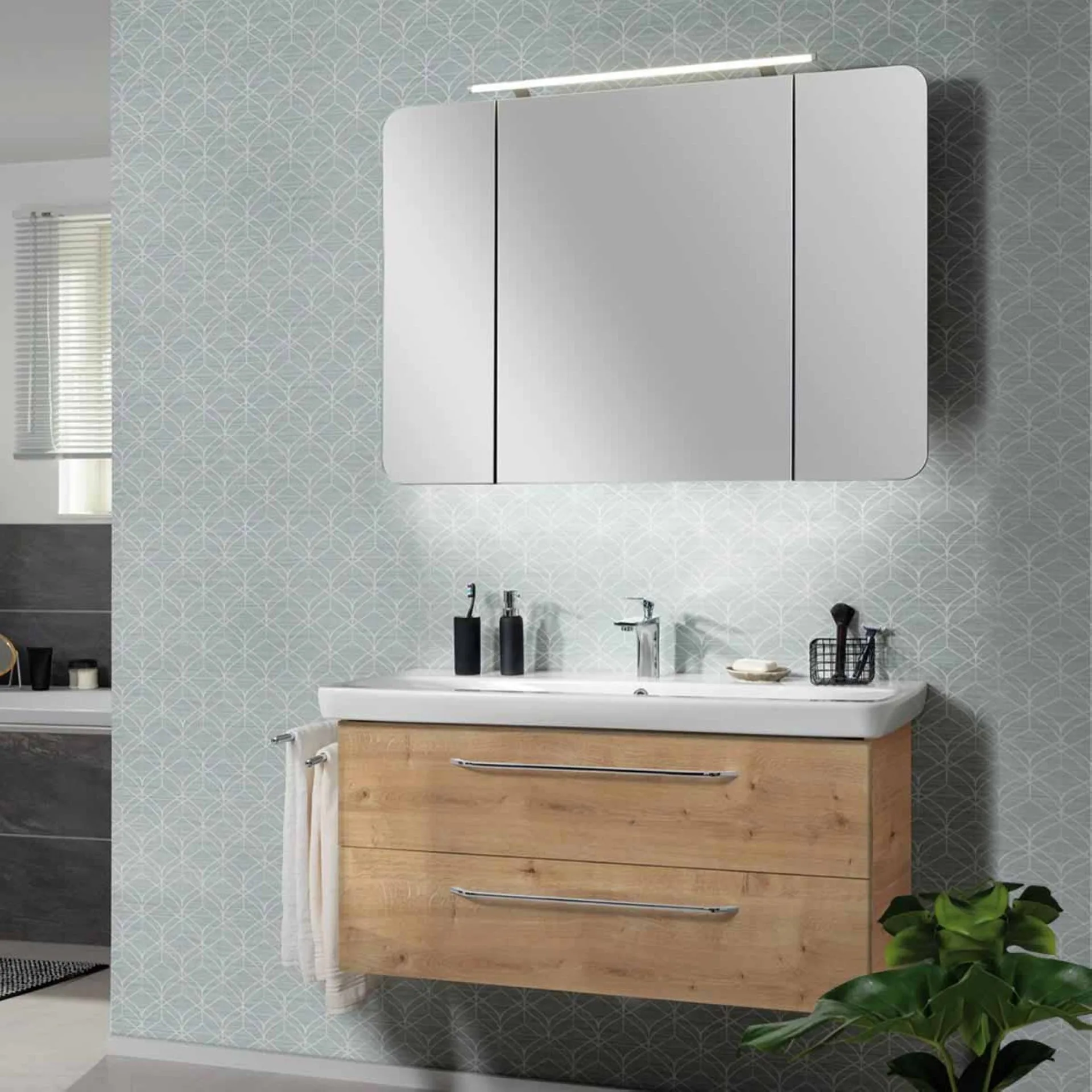 FACKELMANN MILANO Waschtisch Set mit Spiegelschrank 107 cm breit, Braun hell, Waschbecken Keramik Weiß