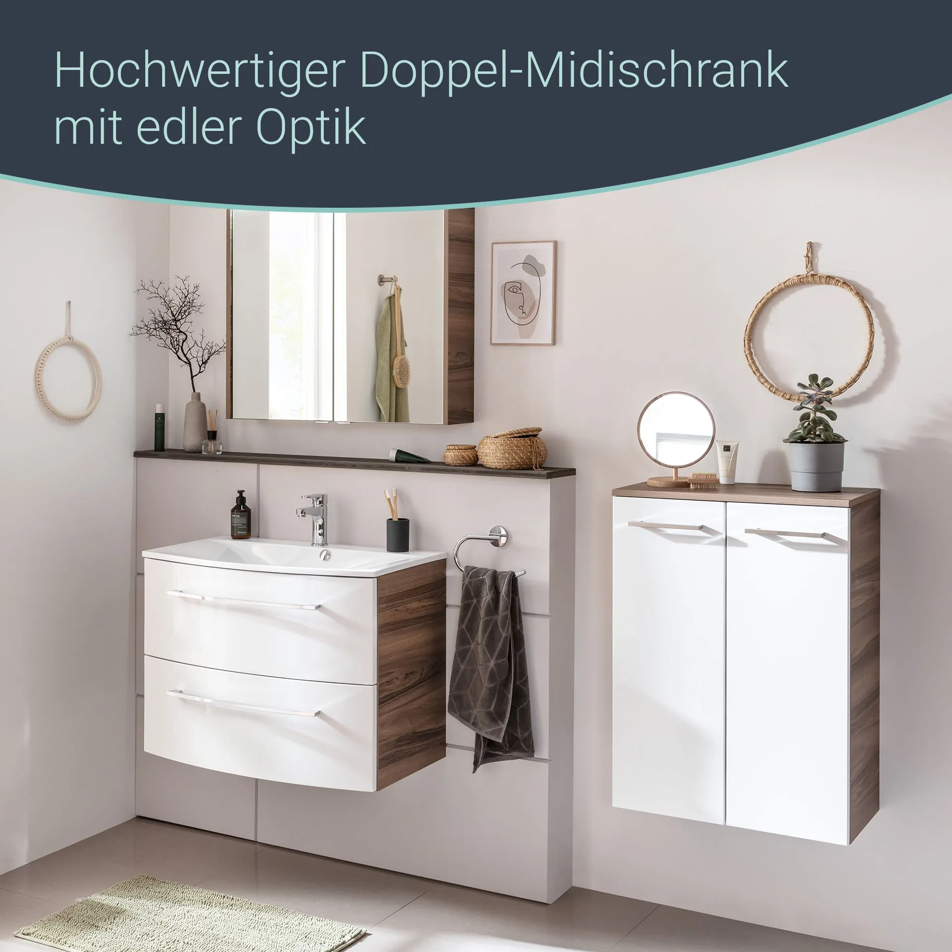 FACKELMANN VERONA Doppel Midischrank 60 cm breit, Weiß Hochglanz/Braun Dunkel, mit Schublade