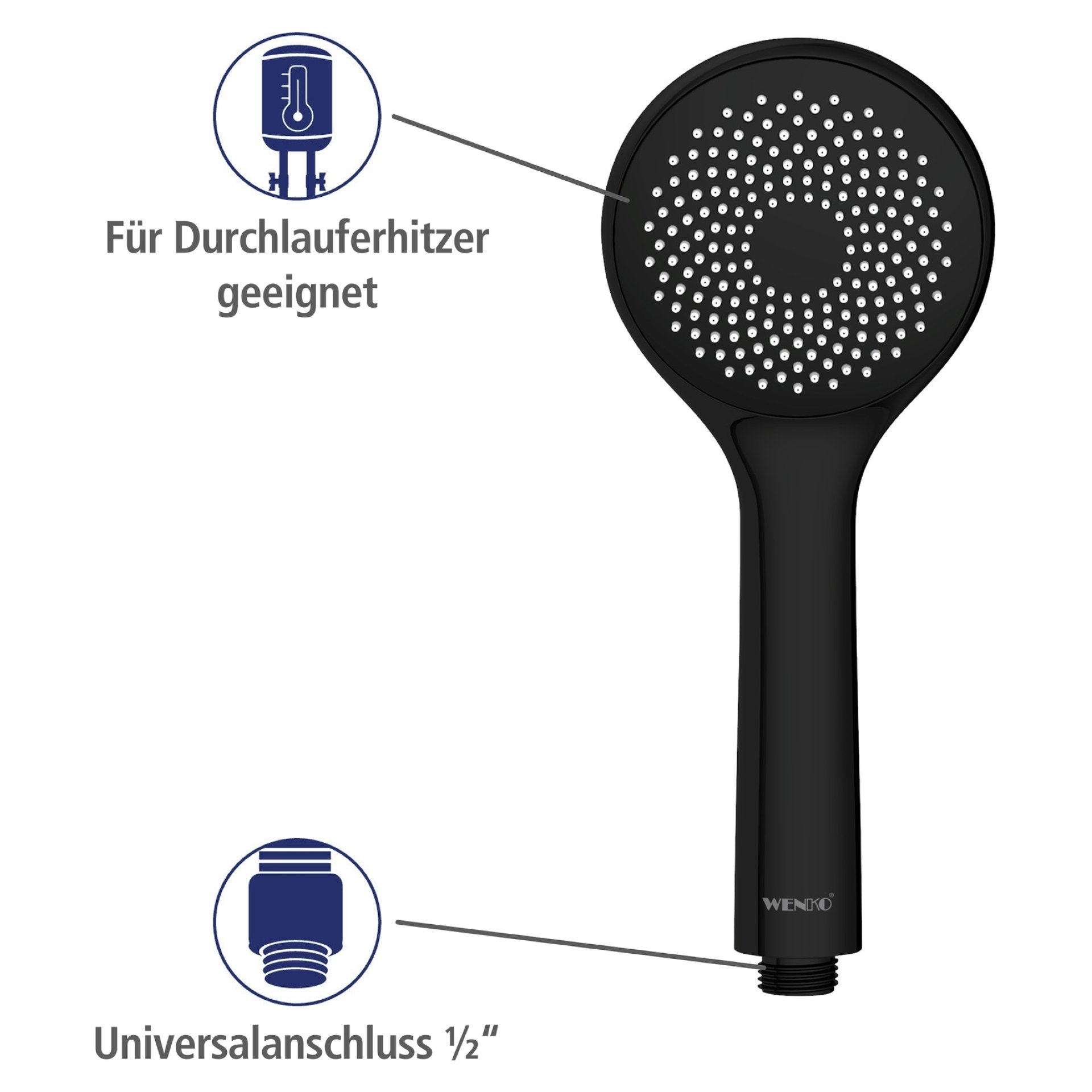 WENKO Duschkopf Ø 9,5 cm, Schwarz, mit Wassersparsystem