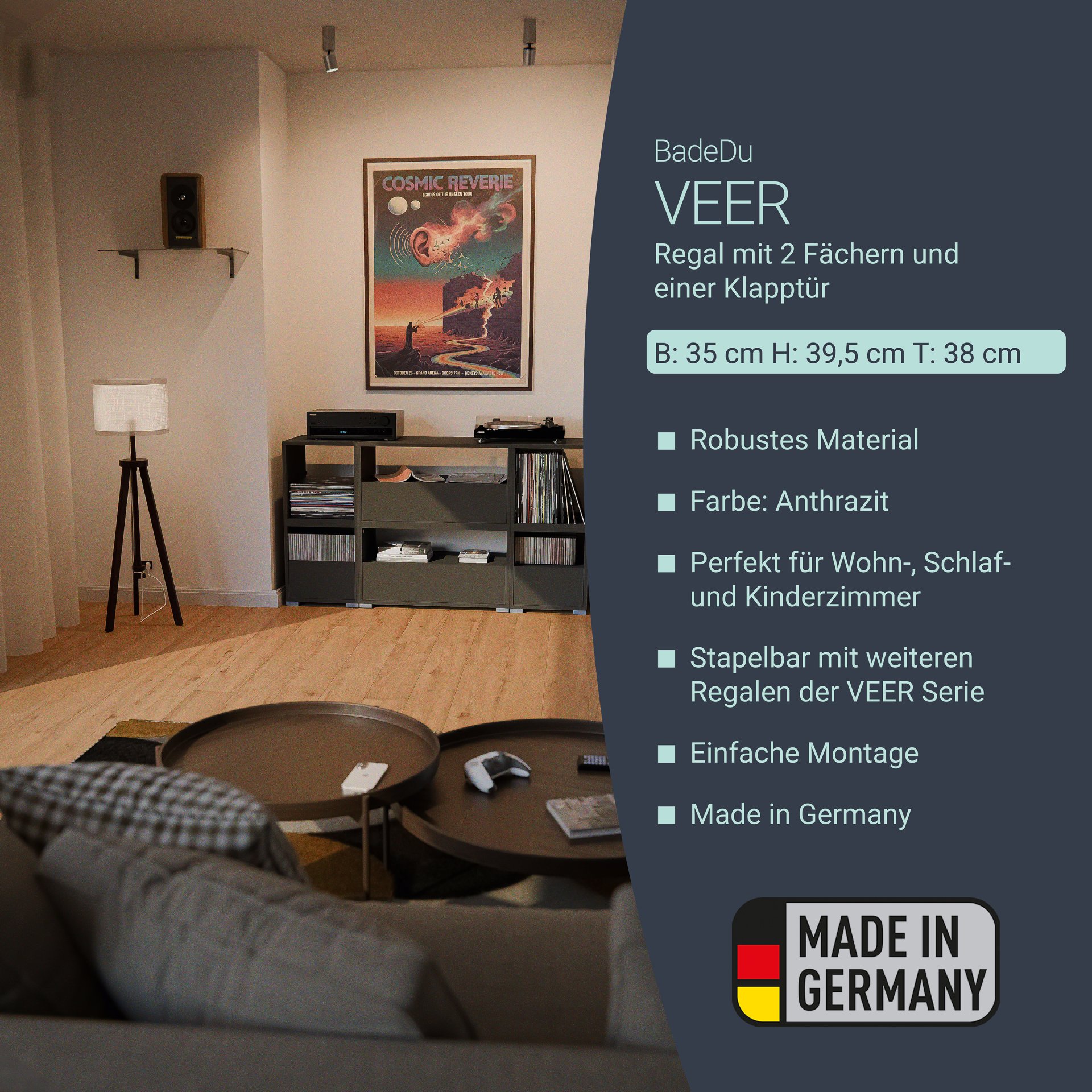 BADEDU VEER Regal 35 cm breit, Anthrazit, 2 Fächer mit Tür