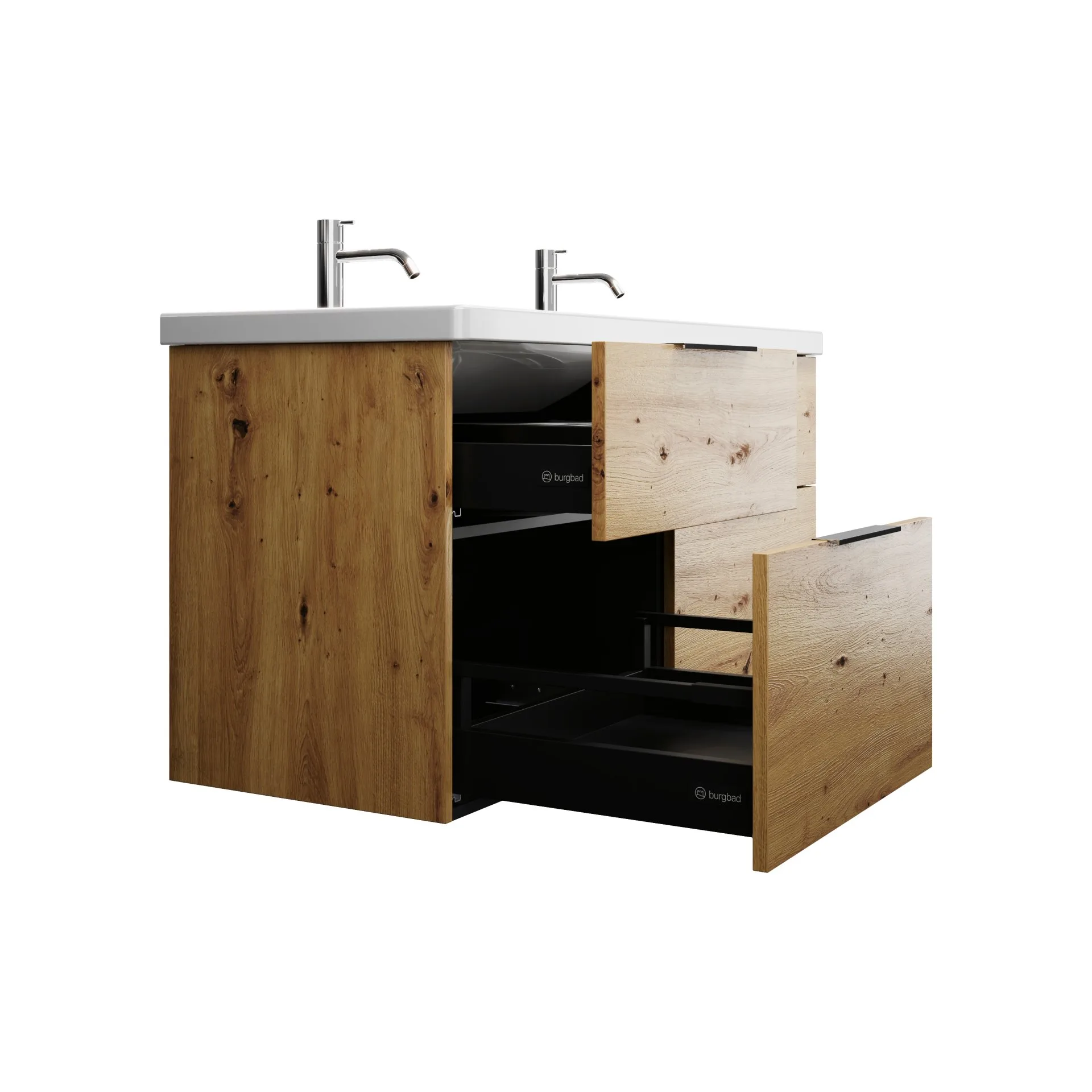 Burgbad EQIO Waschbecken mit Unterschrank 123 cm breit, Braun, Doppelwaschbecken Keramik Weiß, 4 Schubladen