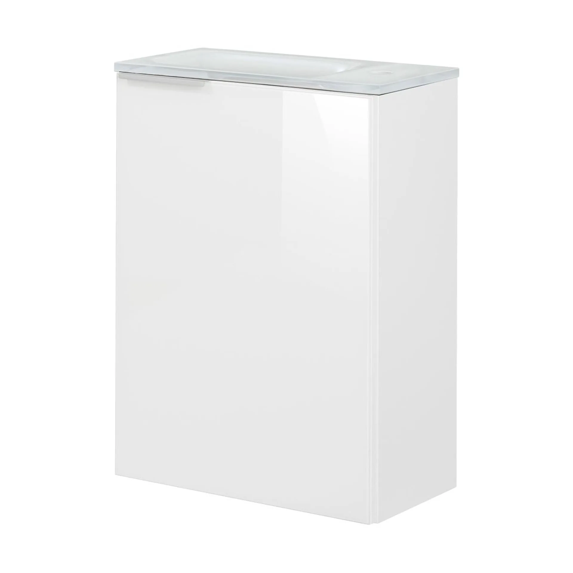 FACKELMANN SBC KARA Gäste WC Waschtisch Set 45 cm breit, Weiß, Waschbecken Glas Weiß, Türanschlag rechts + Waschbeckenbeleuchtung