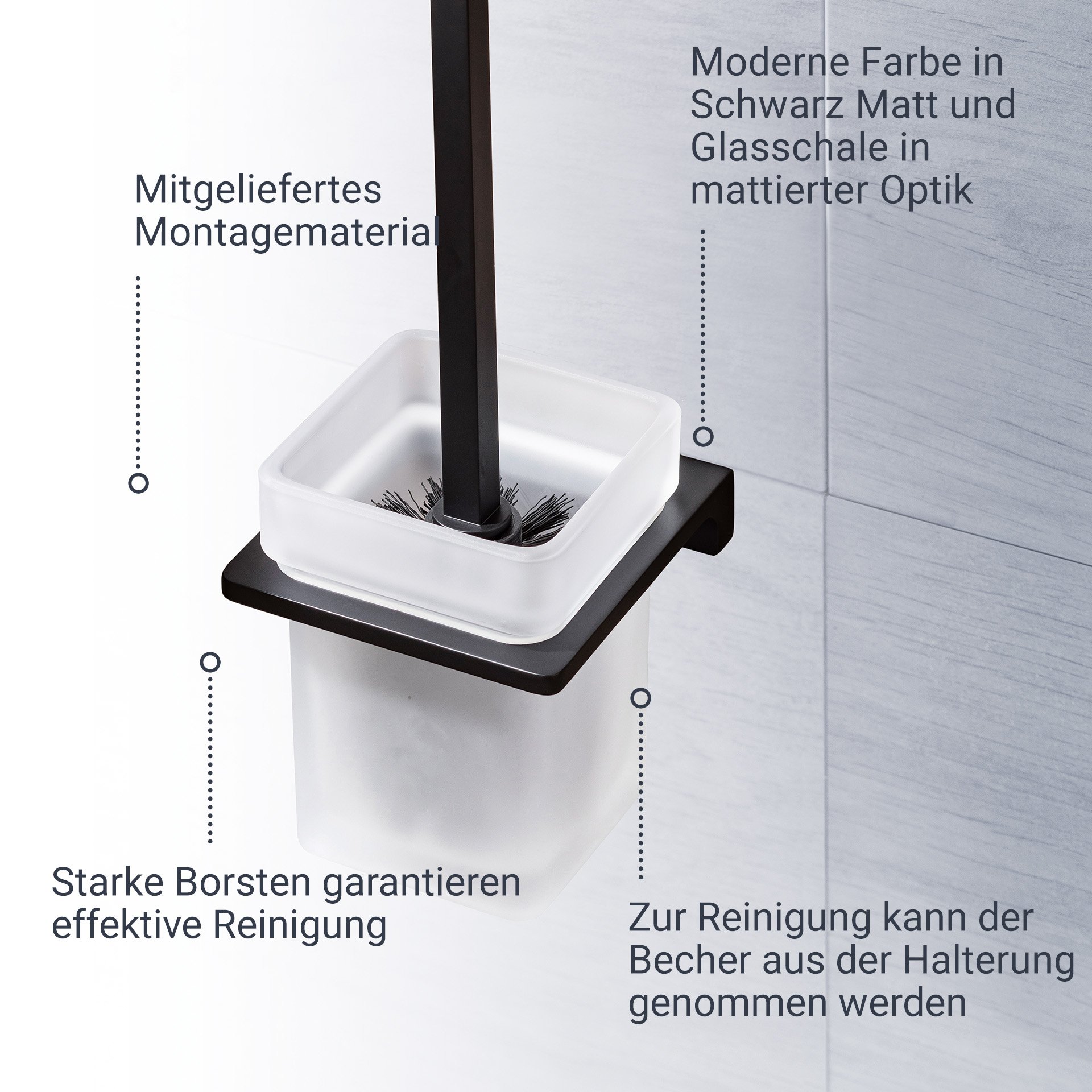 BADEDU SIRIUS Accessoire Set 3-teilig, Schwarz matt, Toilettenpapierhalter, Toilettenbürste mit Halter, 2x Ersatzbürstenköpfe