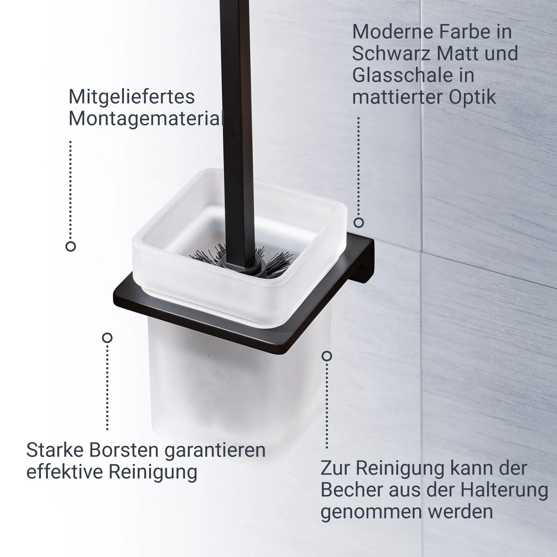 BADEDU SIRIUS Accessoire Set 3-teilig, Schwarz matt, Toilettenpapierhalter, Toilettenbürste mit Halter, 2x Ersatzbürstenköpfe