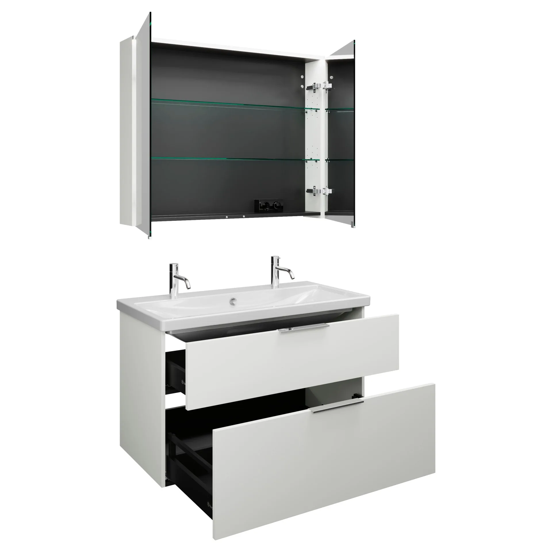 Burgbad EQIO Waschtisch Set mit Spiegelschrank 103 cm breit, Weiß Hochglanz, Doppelwaschbecken Keramik Weiß