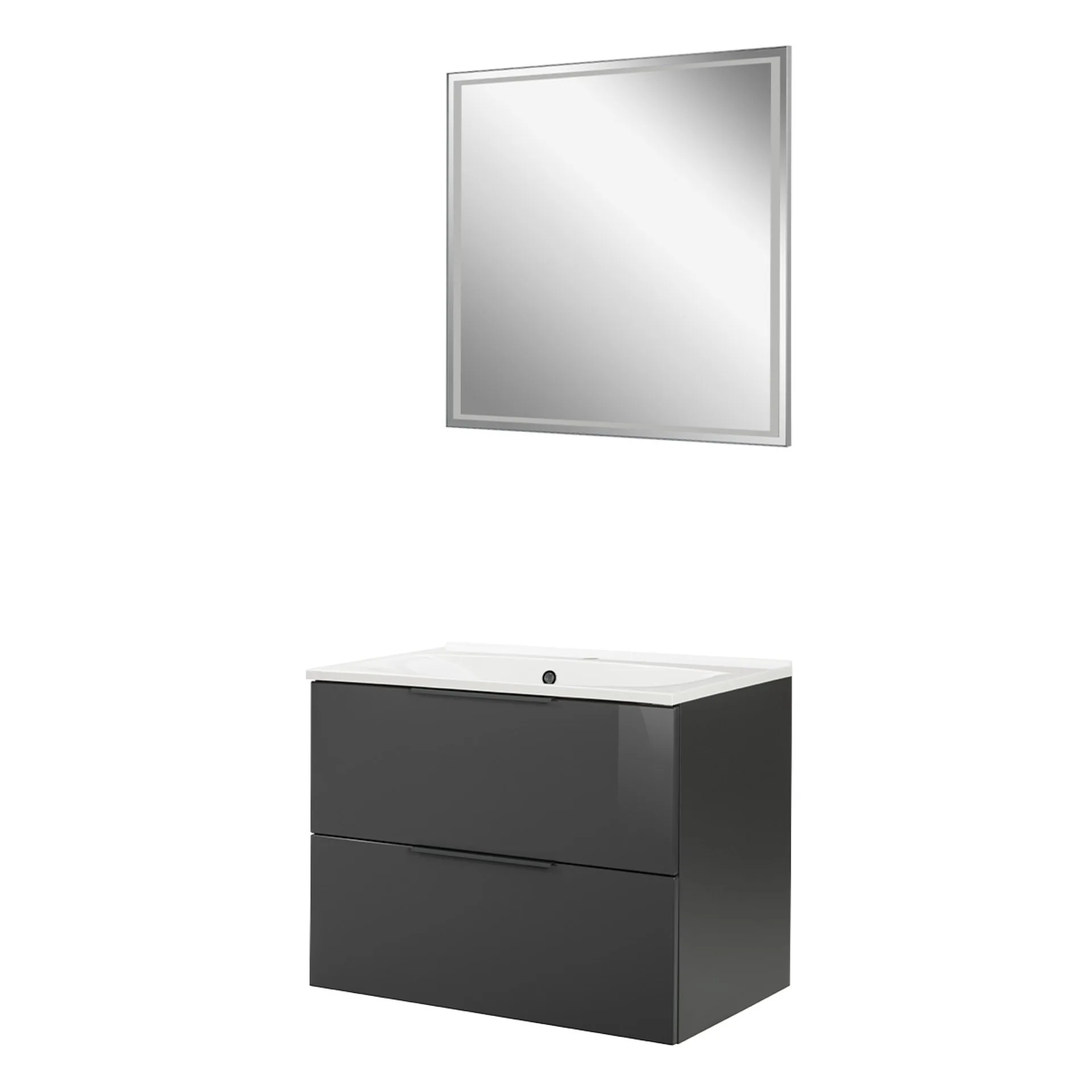 FACKELMANN LUNA Waschtisch Set mit Spiegel 80 cm breit, Anthrazit, Waschbecken Gussmarmor Weiß
