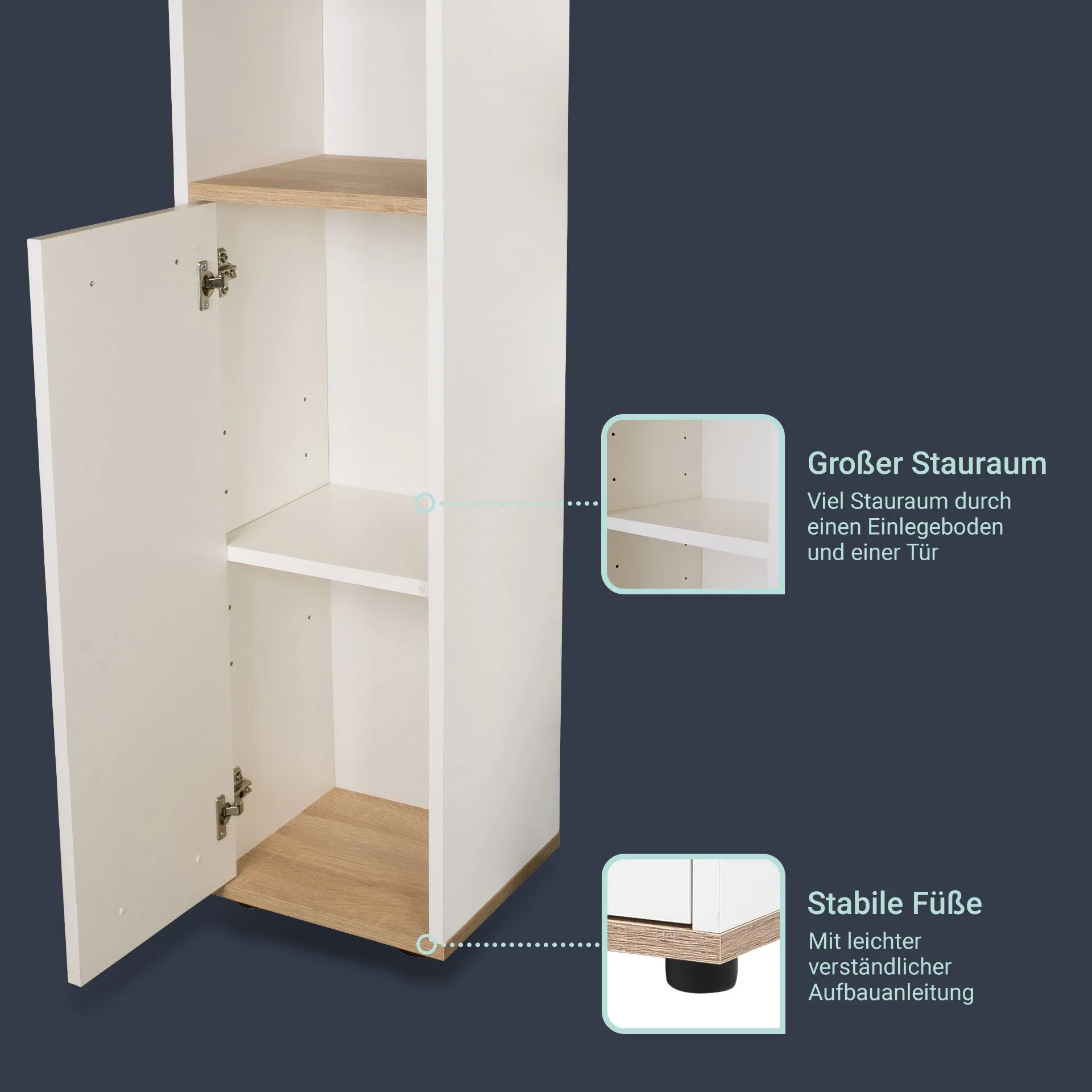 BADEDU ARC Midischrank 30 cm breit, Weiß/Braun hell