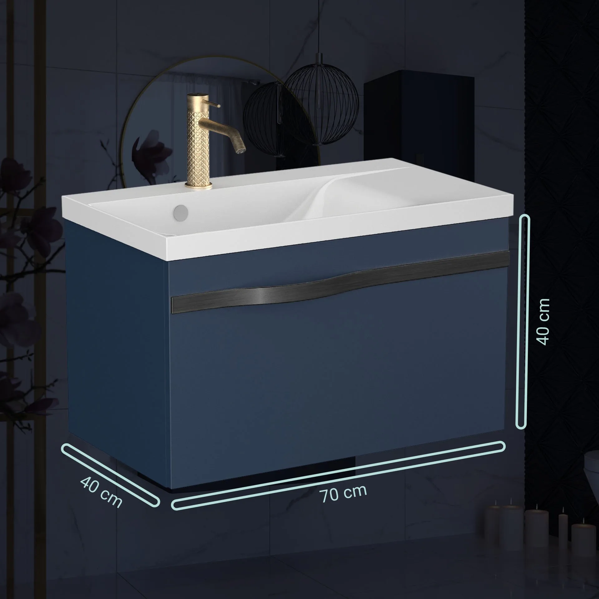 BADEDU FILS Waschbecken mit Unterschrank 69 cm breit, Blau, Waschbecken Gussmarmor Weiß, Griff Schwarz