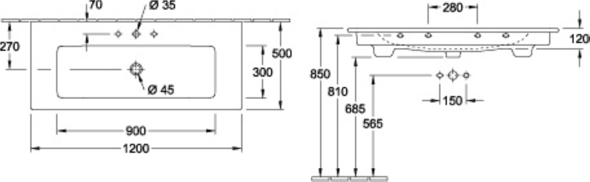 VILLEROY & BOCH VENTICELLO Waschbecken Keramik 120 cm breit, Weiß, mit Überlauf, CeramicPlus