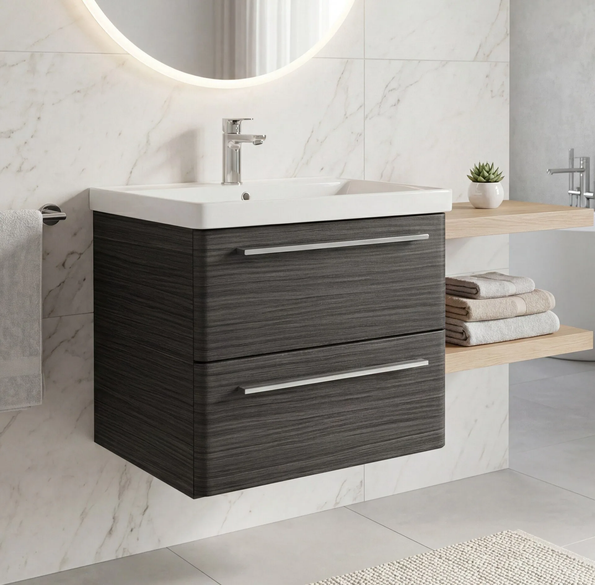LANZET K8 Waschbecken mit Unterschrank, 60 cm breit, Anthrazit, Waschbecken Keramik Weiß