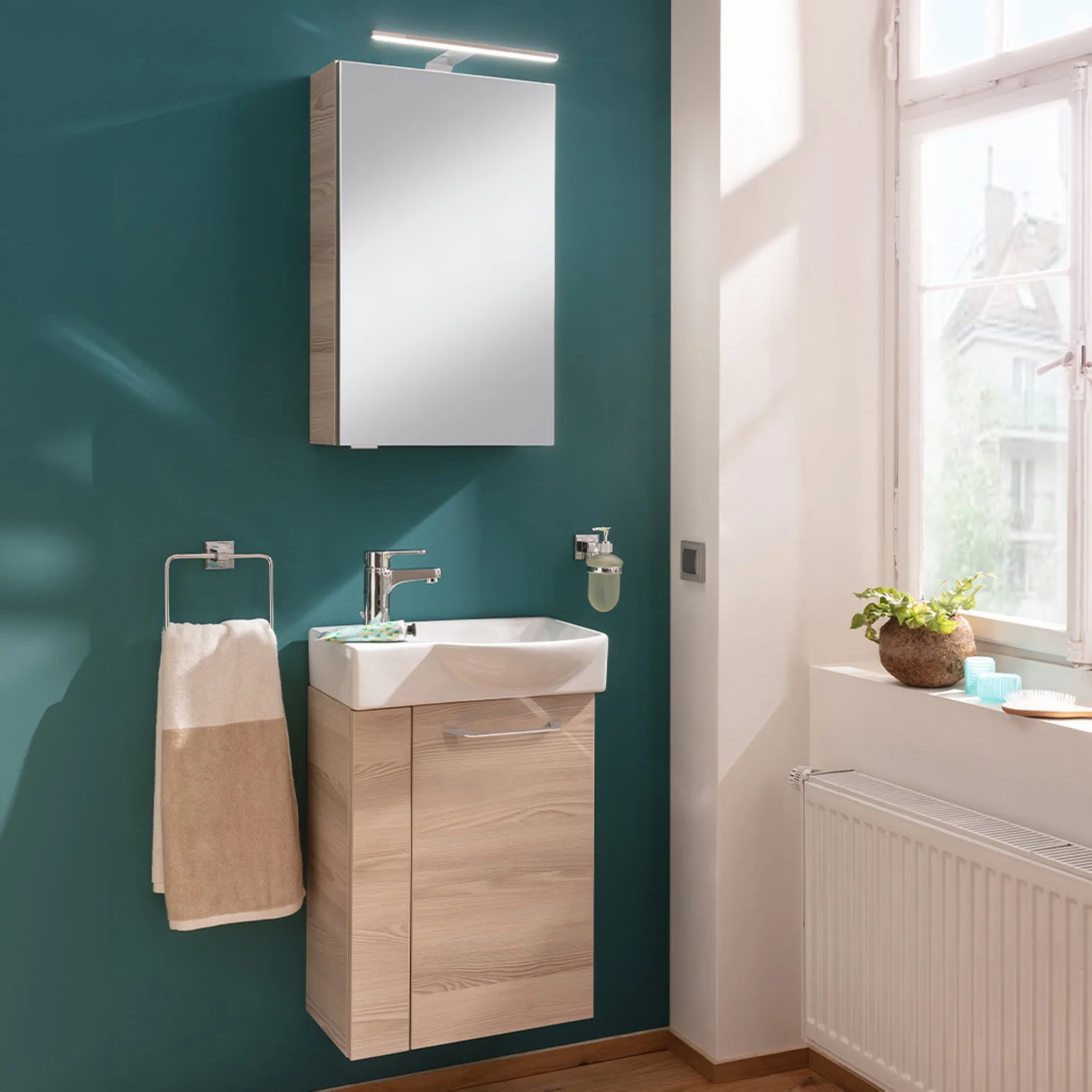 FACKELMANN SBC B.CLEVER Gäste WC Waschtisch Set mit Spiegelschrank 45 cm breit, Braun hell, Türanschlag rechts