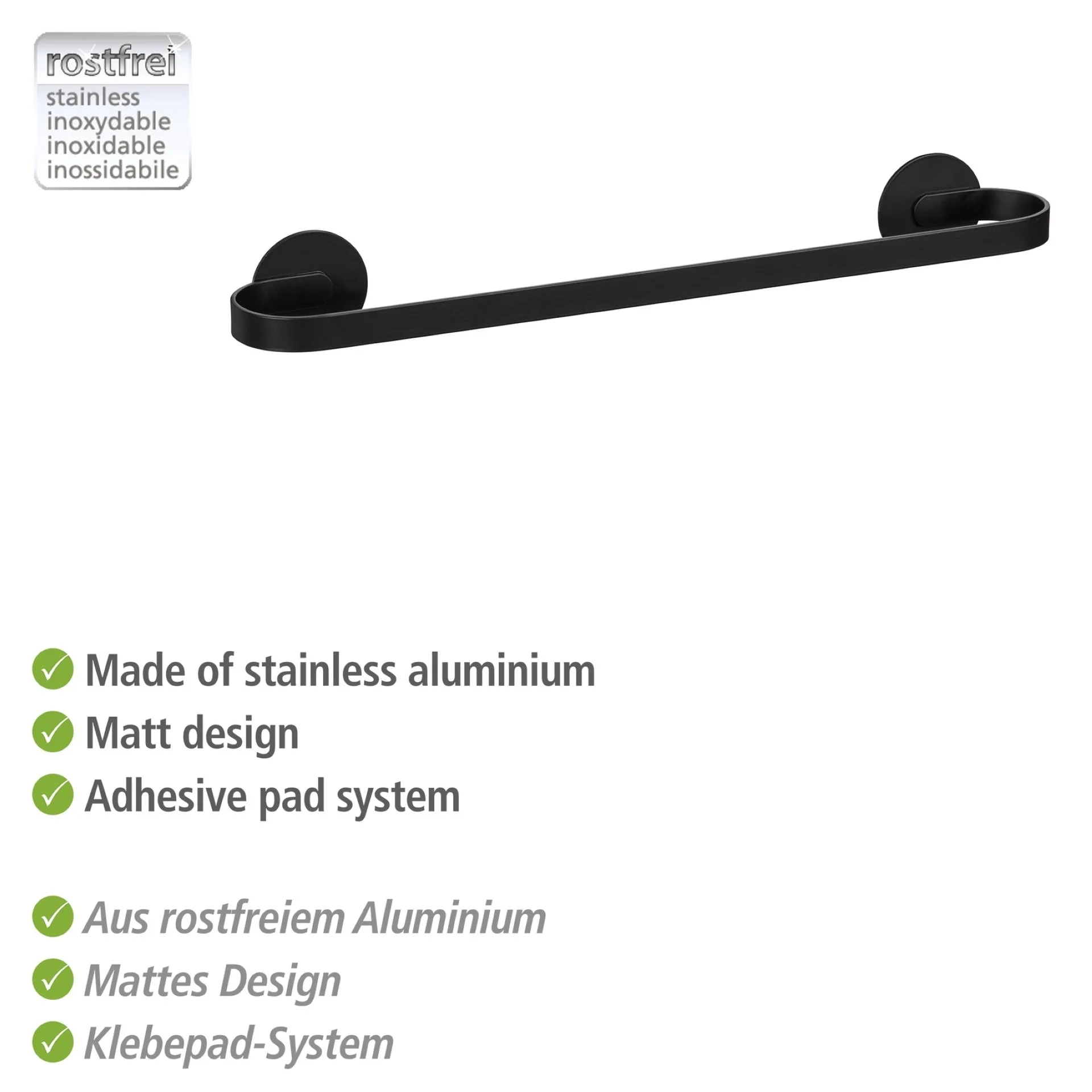 WENKO BIVIO Handtuchhalter 40 cm, Schwarz Matt, Aluminium, Befestigen ohne Bohren