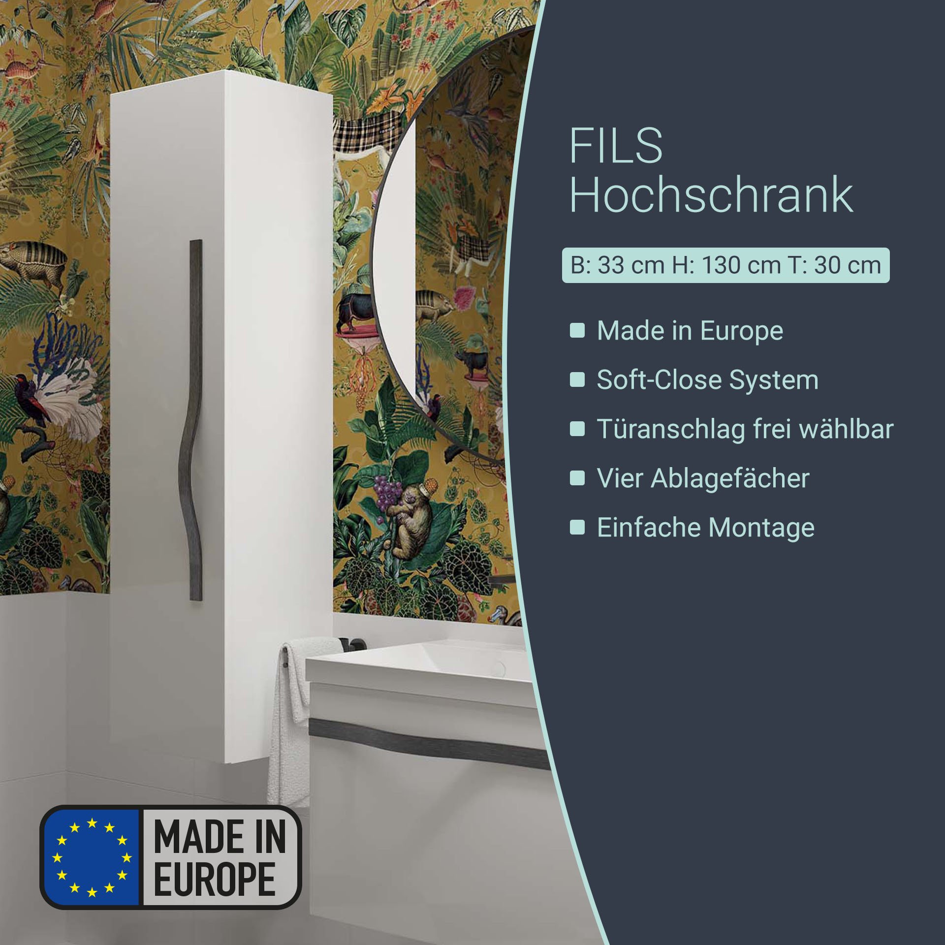 BADEDU FILS Hochschrank 33 cm breit, Weiß, Griff Schwarz
