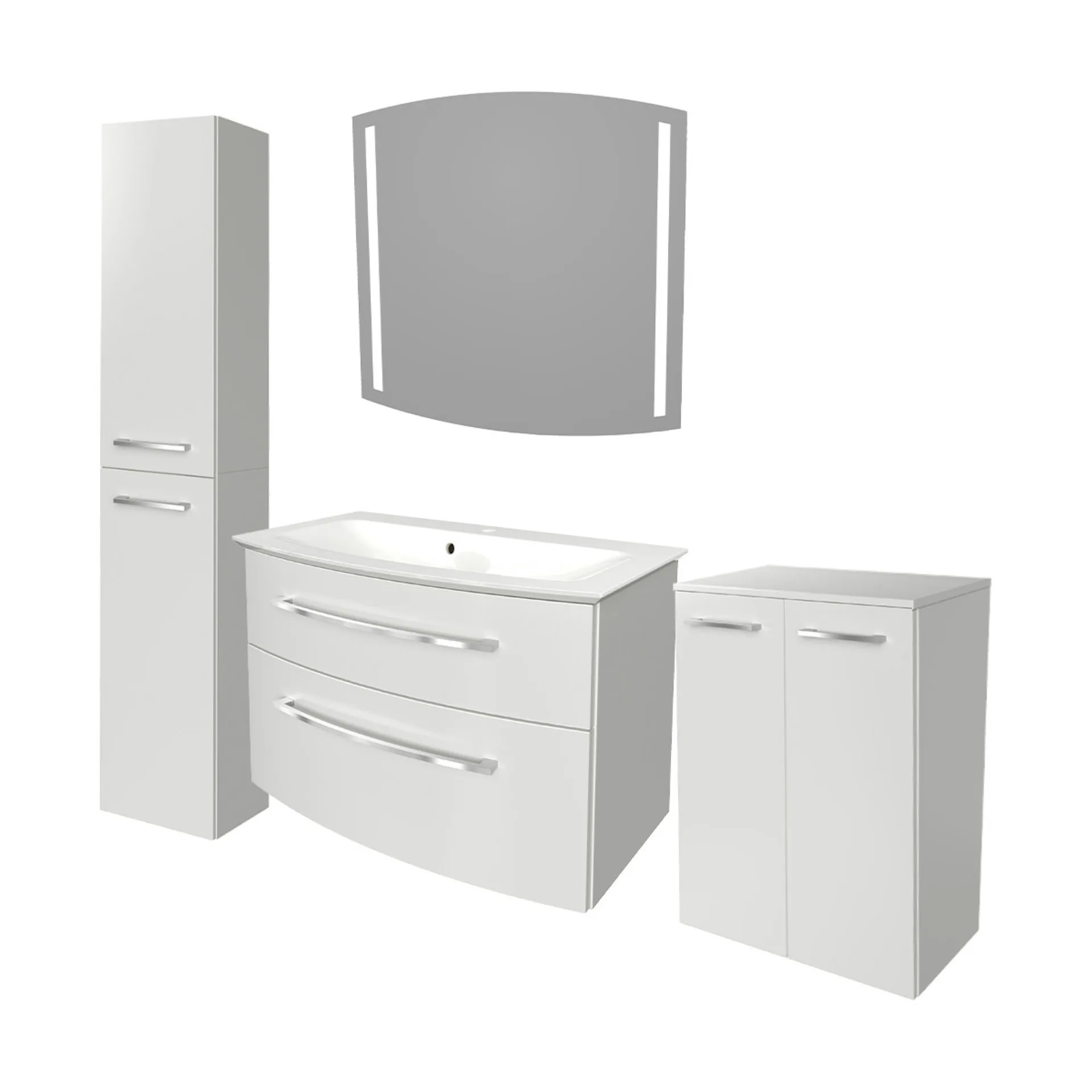 FACKELMANN B.STYLE Badmöbel Set 5-teilig 83 cm breit, Weiß + LED Spiegel + Hochschrank + Doppel Midischrank