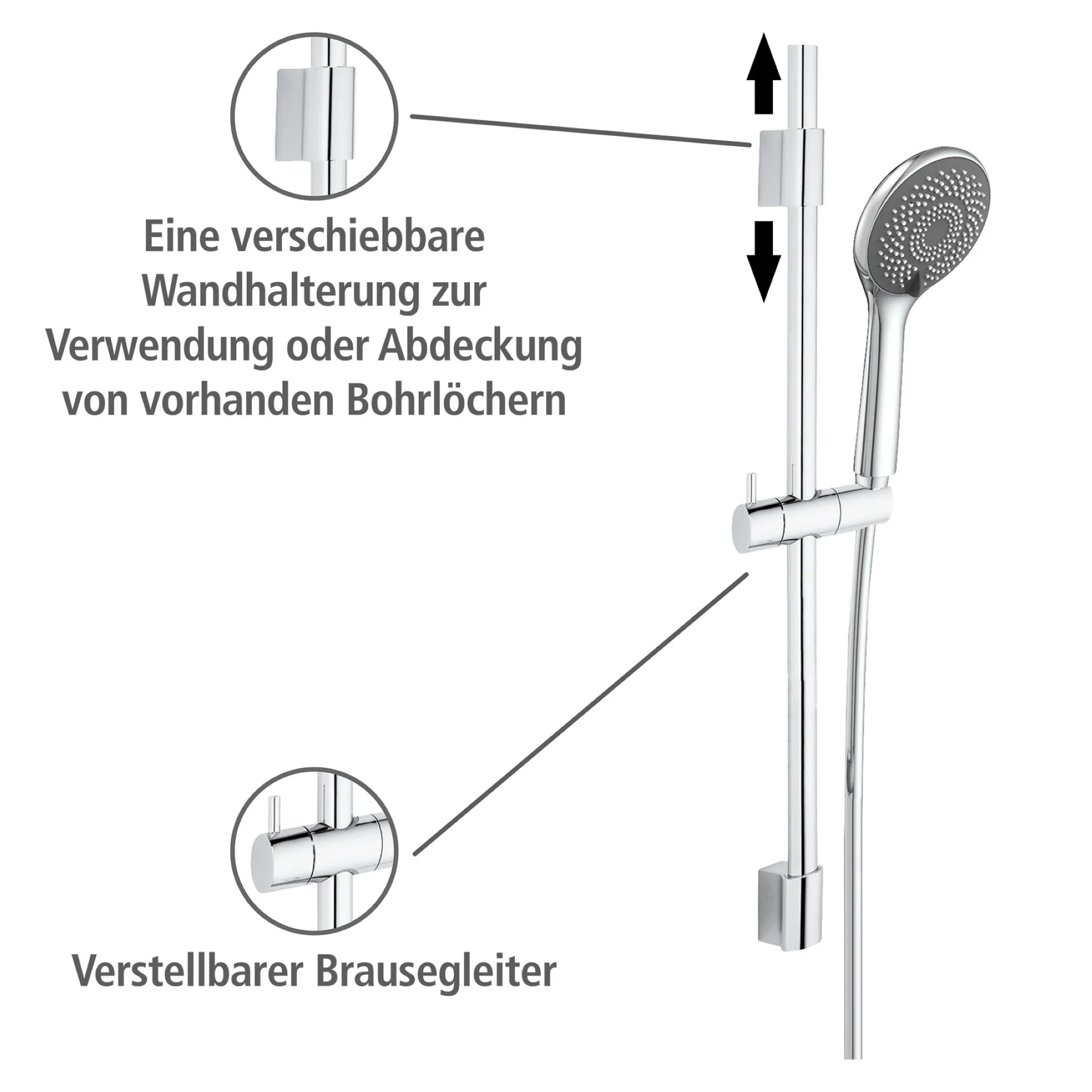 WENKO Stangenbrause Set 70 cm, Chrom, mit Wassersparsystem, 3 verschiedene Wasserstrahlarten, Edelstahl
