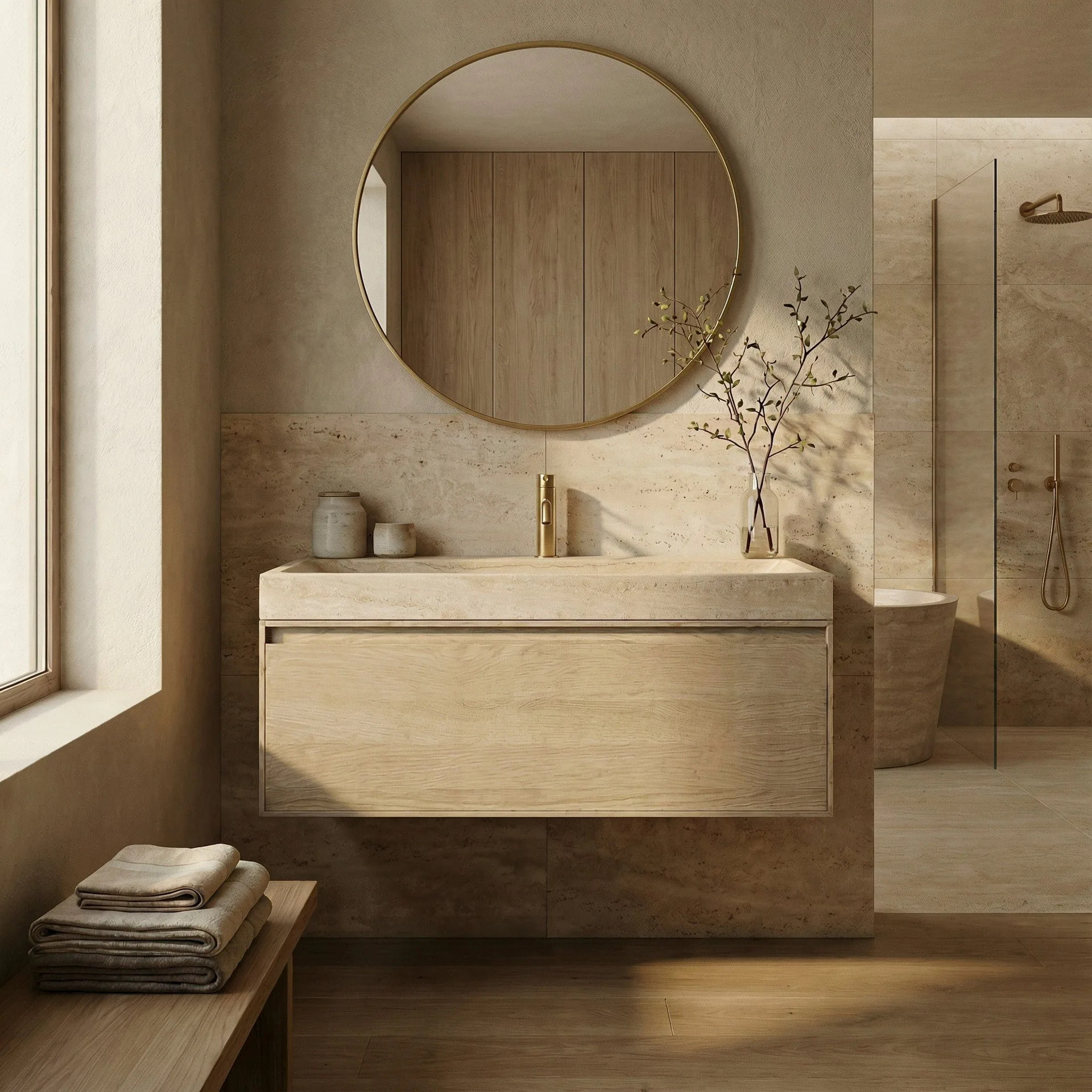 FORZALAQUA IBIZA BELLEZZA Waschbecken mit Unterschrank 120 cm breit, Braun hell, Natursteinwaschbecken Travertin matt mit Hahnloch, 1 Schublade