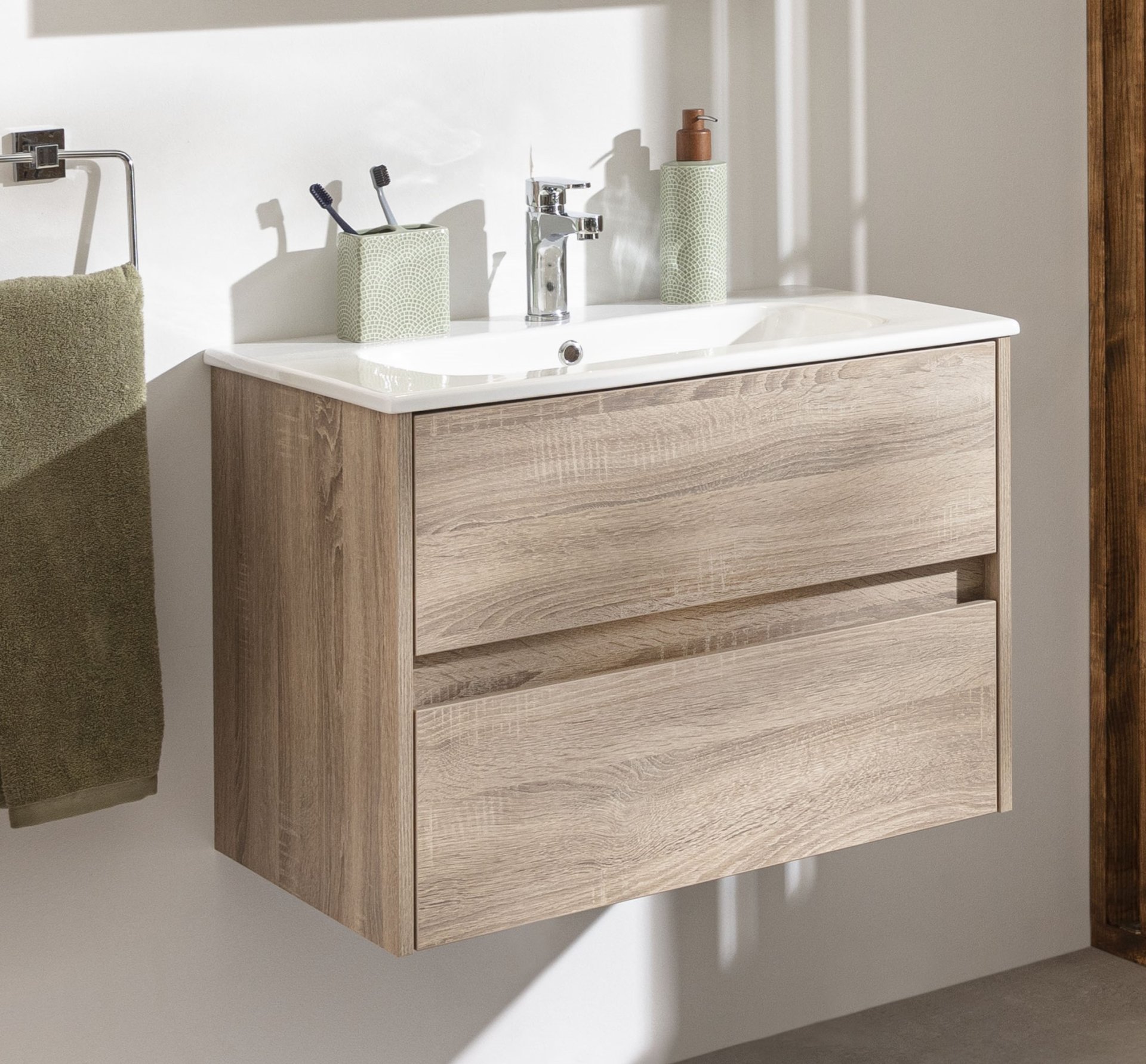 FACKELMANN COMPACT LINE Waschbecken mit Unterschrank 71 cm breit, Braun, Waschbecken Keramik Weiß, 2 Schubladen