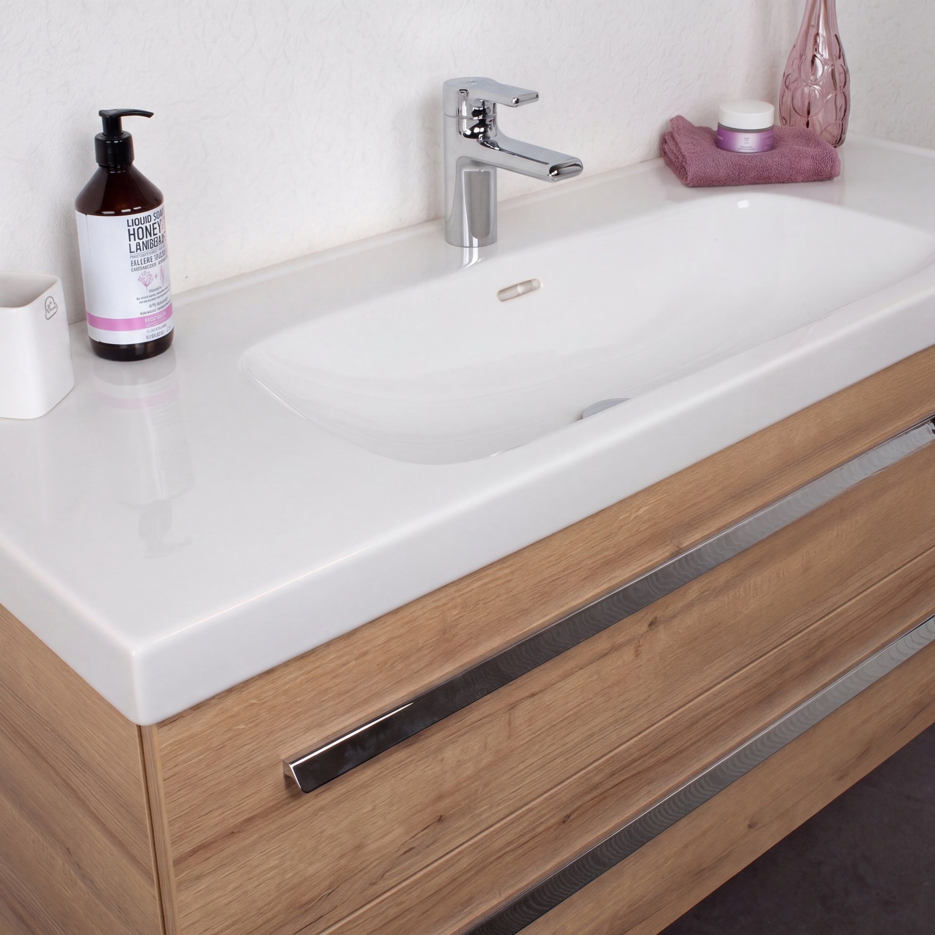 BADEDU TESSANO Waschbecken mit Unterschrank 120 cm breit, Braun hell, Waschbecken Keramik Weiß