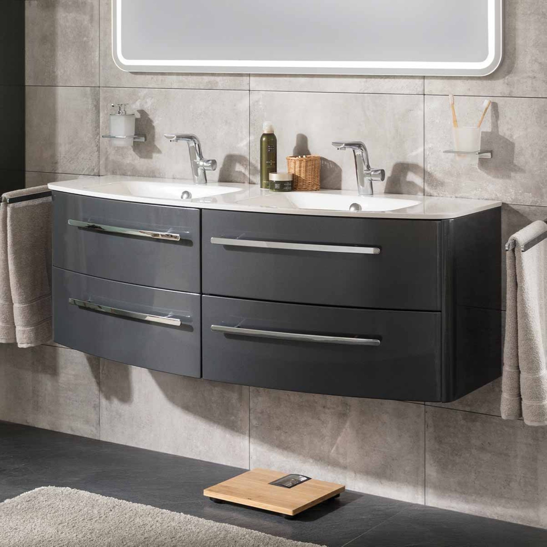 Lanzet CLASSICO Badmöbel Set 2-teilig, Doppel-Waschtisch 140 cm breit, Anthrazit, Weiß