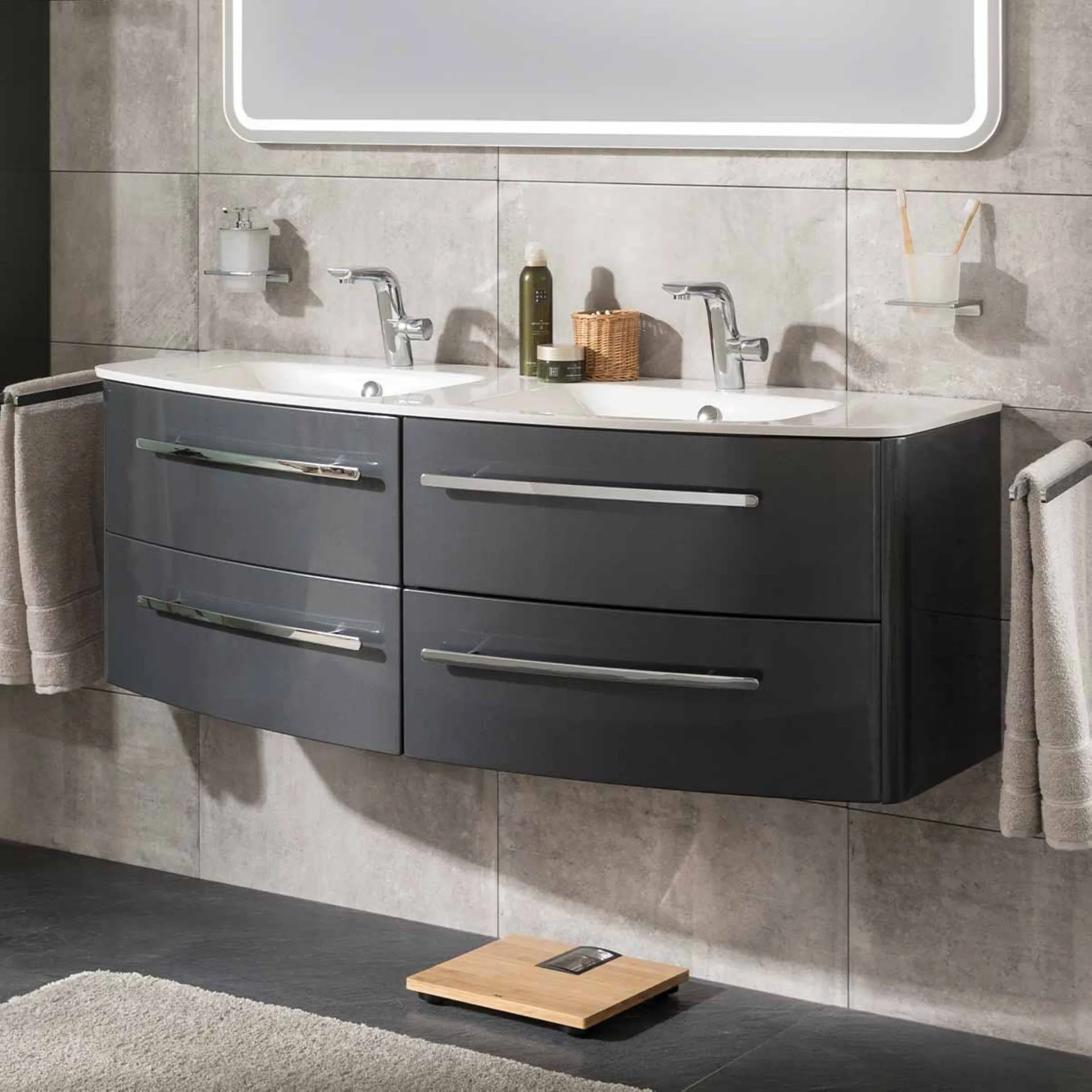 LANZET CLASSICO Waschbecken mit Unterschrank 140 cm breit, Anthrazit, Doppelwaschbecken Gussmarmor Weiß