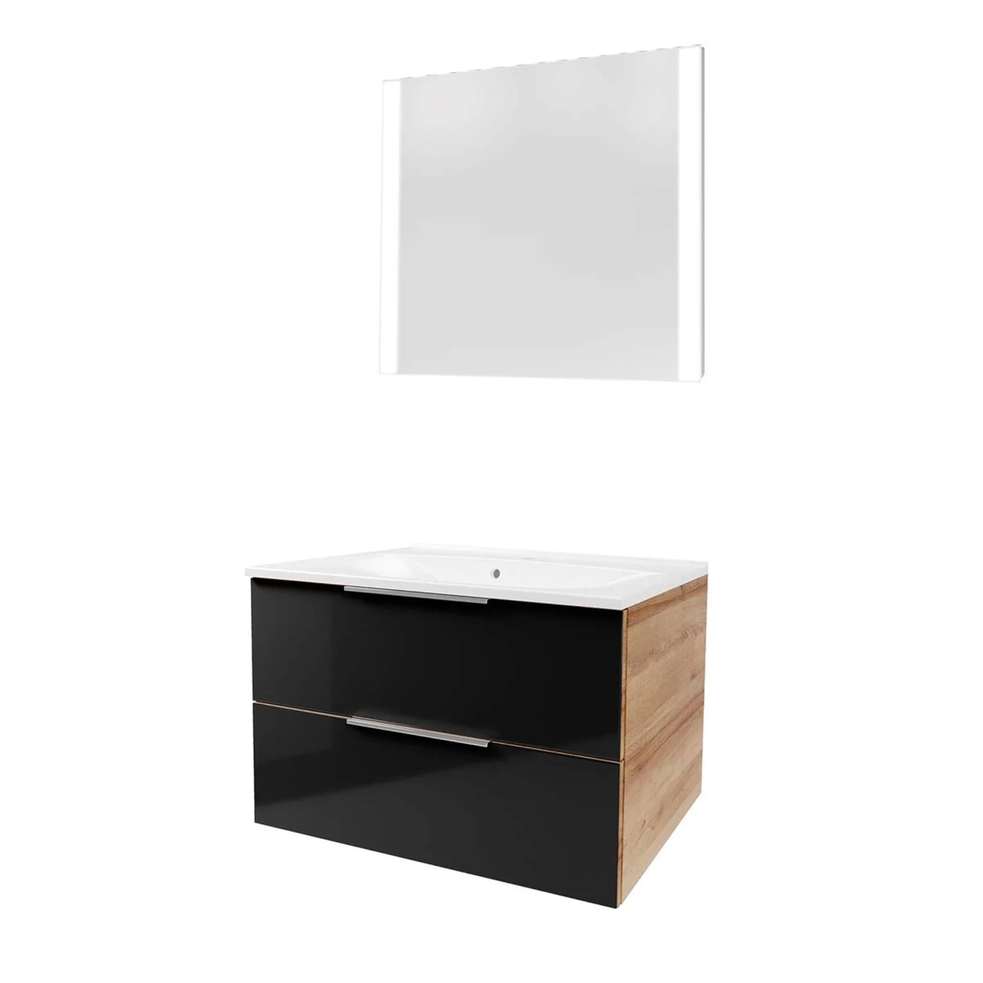 FACKELMANN B.BRILLANT Waschtisch Set mit Spiegel 80 cm breit, Anthrazit Glas/Braun hell, Waschbecken Gussmarmor Weiß